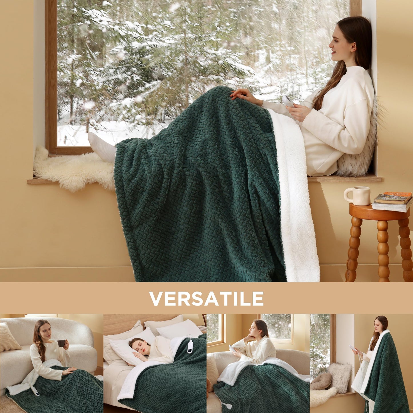 Electric Heated Blanket/Throw - Seamless Flannel Electric Blanket, Heating Blanket with 4 Time Settings & 6 Heat Settings, Warm Blanket Gift for Grandma (50x60 inches, Black)