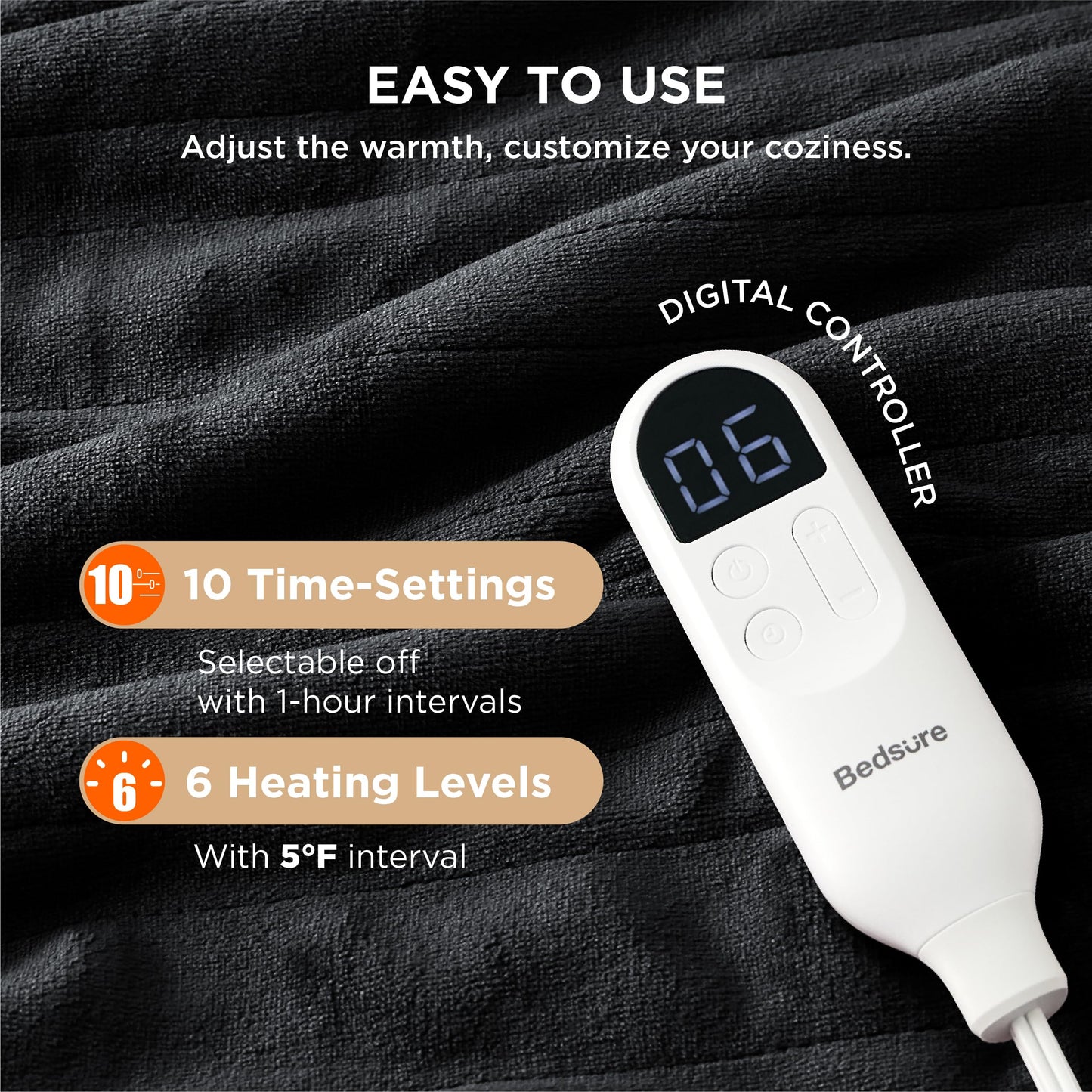 Electric Heated Blanket/Throw - Seamless Flannel Electric Blanket, Heating Blanket with 4 Time Settings & 6 Heat Settings, Warm Blanket Gift for Grandma (50x60 inches, Black)