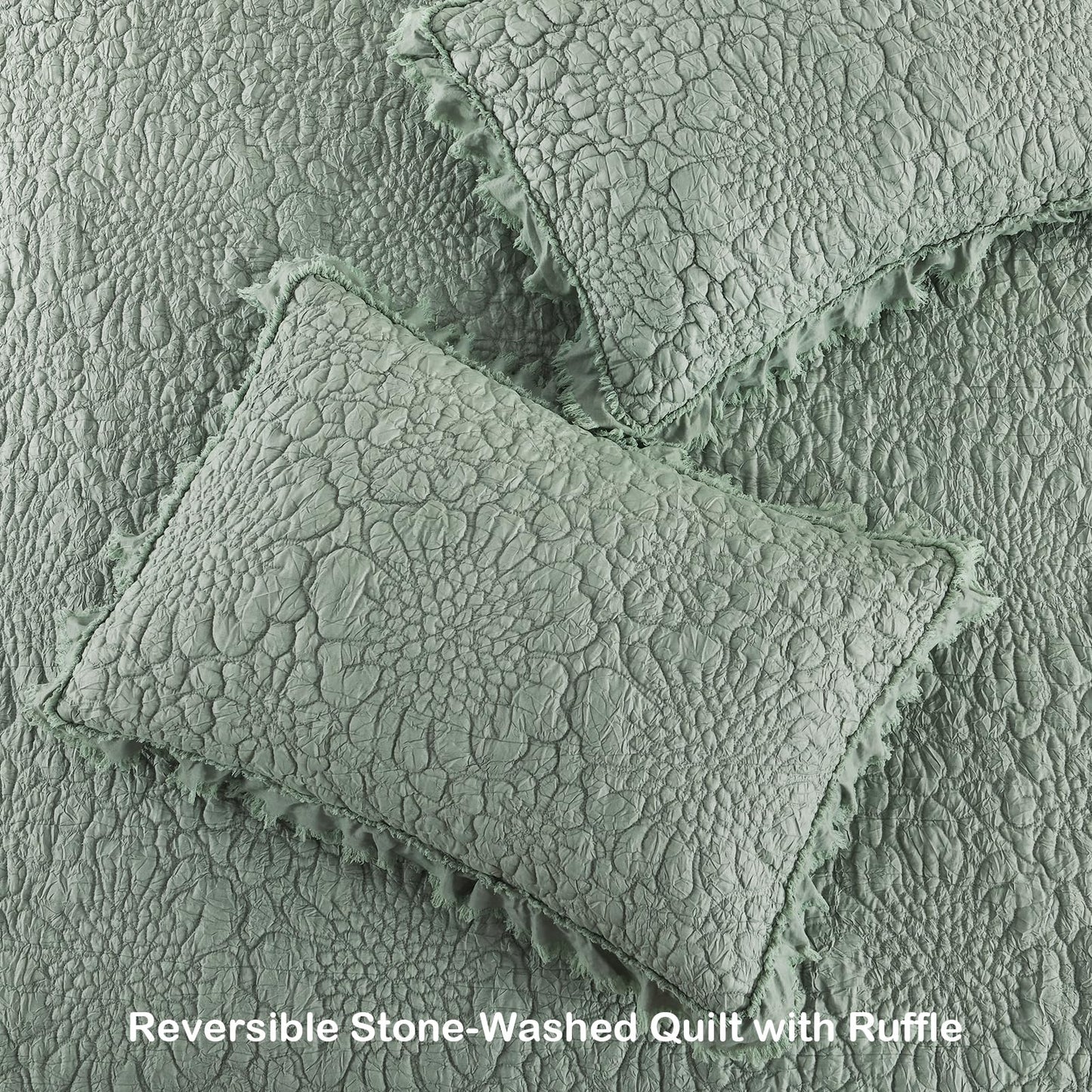 HORIMOTE HOME White Ruffled Quilt King Size, Stone-Washed Microfiber Lightweight Crinkled Farmhouse Rustic Shabby Chic Bedding Set, 3 Pieces Reversible Bedspread with Pillow Shams for All Season