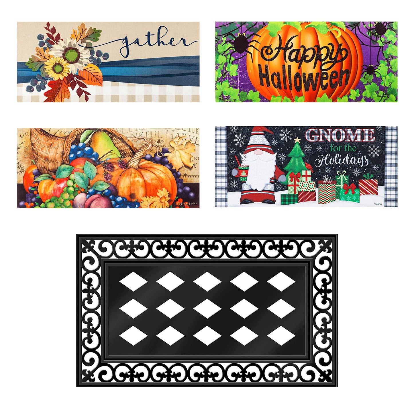 Evergreen Sassafras Bundle - Set mit 5 saisonalen austauschbaren Fußmatten für den Eingangsbereich | Für drinnen und draußen | 22 x 10 Zoll große Fußmatten und 28 x 16 Zoll großes Tablett | Rutschfeste Rückseite | Niedriges Profil | Heimdekor
