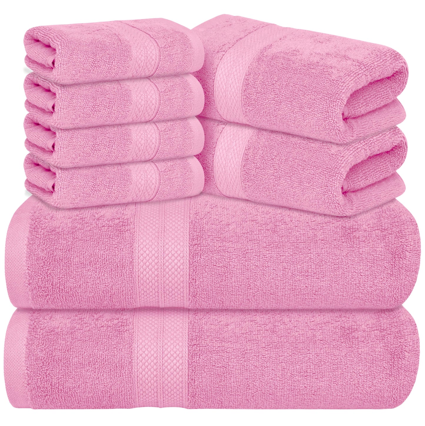 Avalon Towels Luxury 8 Piece Towels Set, 2 Bath Towels, 2 Hand Towels and 4 Washcloths, 600 GSM 100% Ring Spun Cotton Highly Absorbent Bathroom Towel Set, Ideal for Hotel, Spa and Gym (Pink)