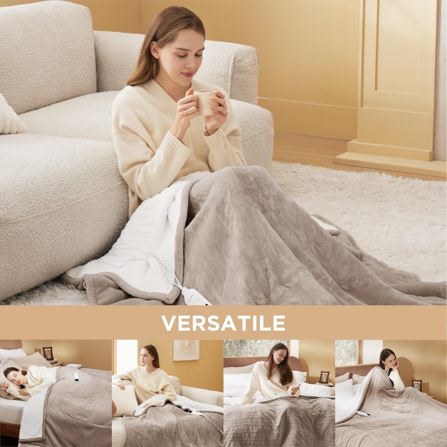 Electric Heated Blanket/Throw - Seamless Flannel Electric Blanket, Heating Blanket with 4 Time Settings & 6 Heat Settings, Warm Blanket Gift for Grandma (50x60 inches, Black)