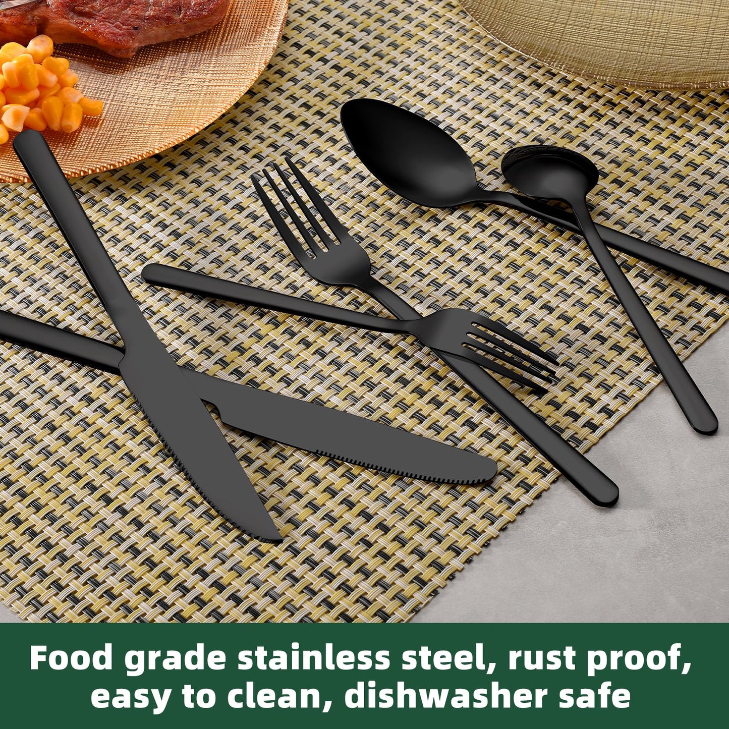 24 Pcs Gold Silverware Set with Steak Knives, Food-Grade Stainless Steel Flatware Cutlery Set for 4, Mirror Polished Tableware Eating Utensils Set for Kitchen, Knife Fork Spoon Set, Dishwasher Safe