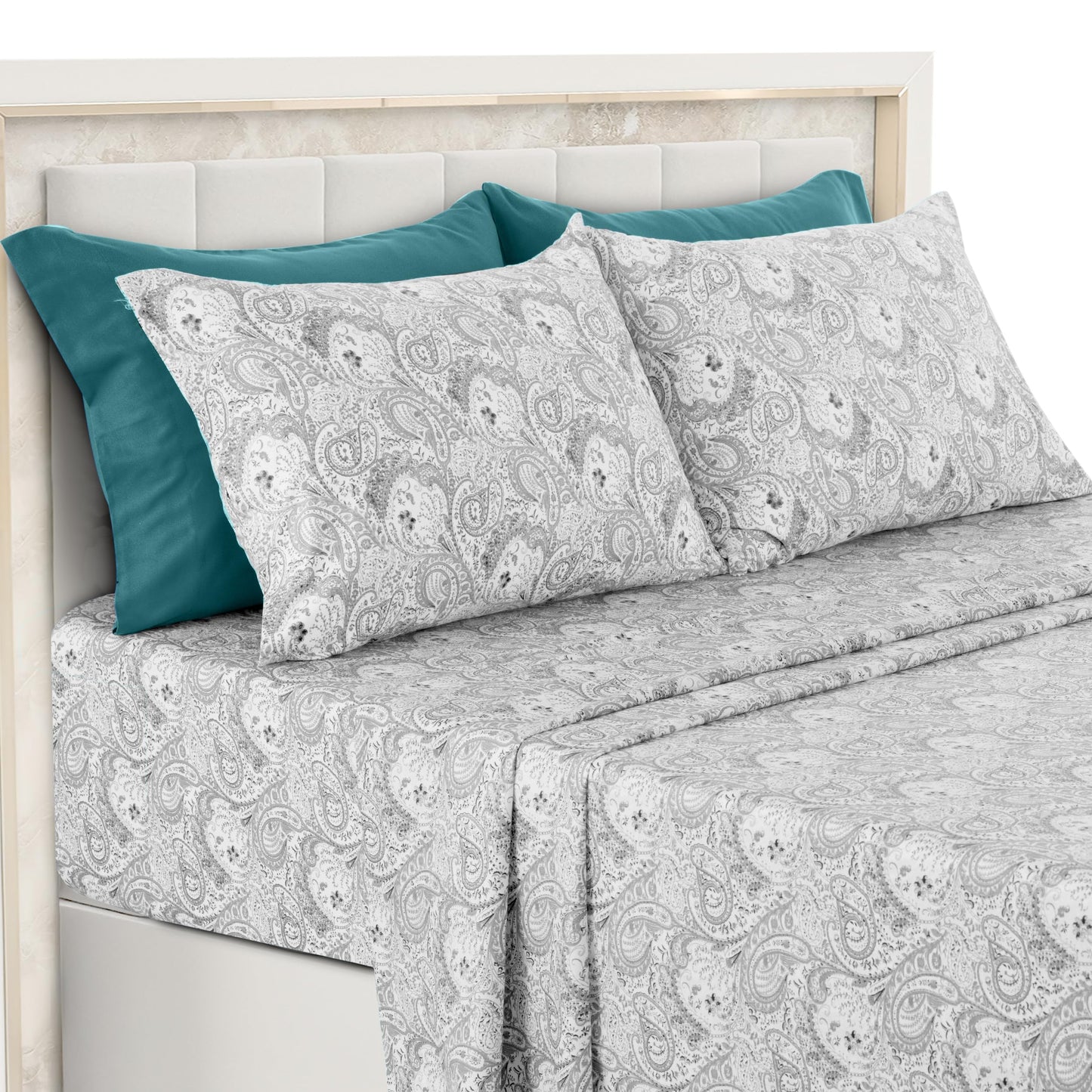LUX Decor Paisley King-Bettlaken-Set, 6-teilig, weiche, knitterfreie Mikrofaser-Bettlaken – luxuriös bedruckte Bettlaken, inklusive Bettlaken, Spannbettlaken mit tiefen Taschen und 4 Kissenbezügen – Taupe