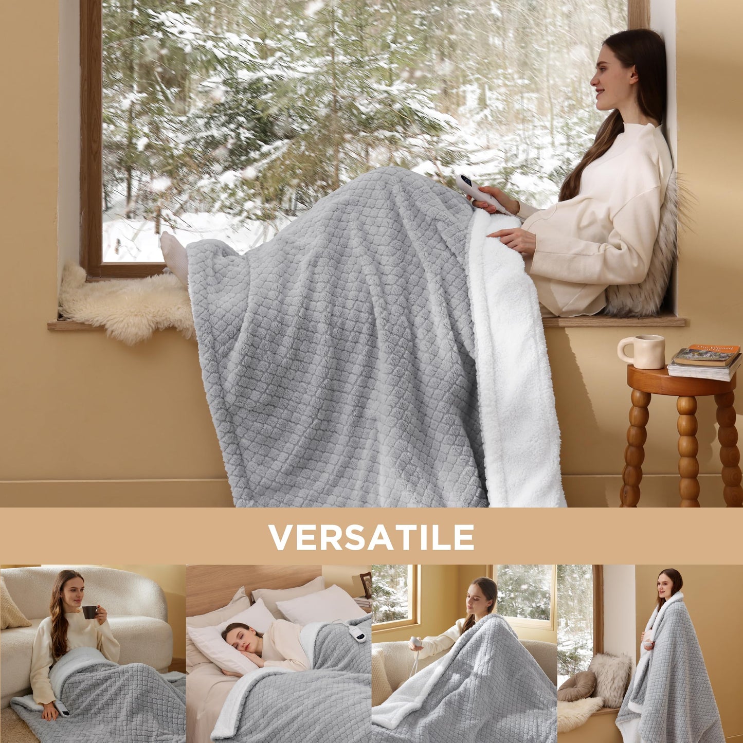 Electric Heated Blanket/Throw - Seamless Flannel Electric Blanket, Heating Blanket with 4 Time Settings & 6 Heat Settings, Warm Blanket Gift for Grandma (50x60 inches, Black)