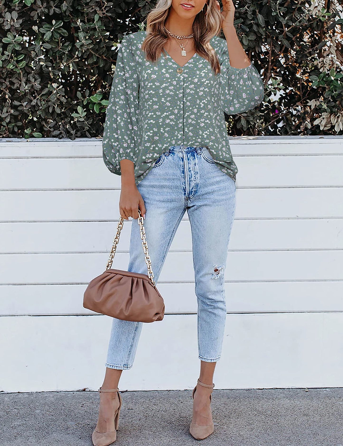 Bebonnie Damen Chiffonbluse mit Laternenmuster, 3/4-Ärmel, lässig, locker, V-Ausschnitt