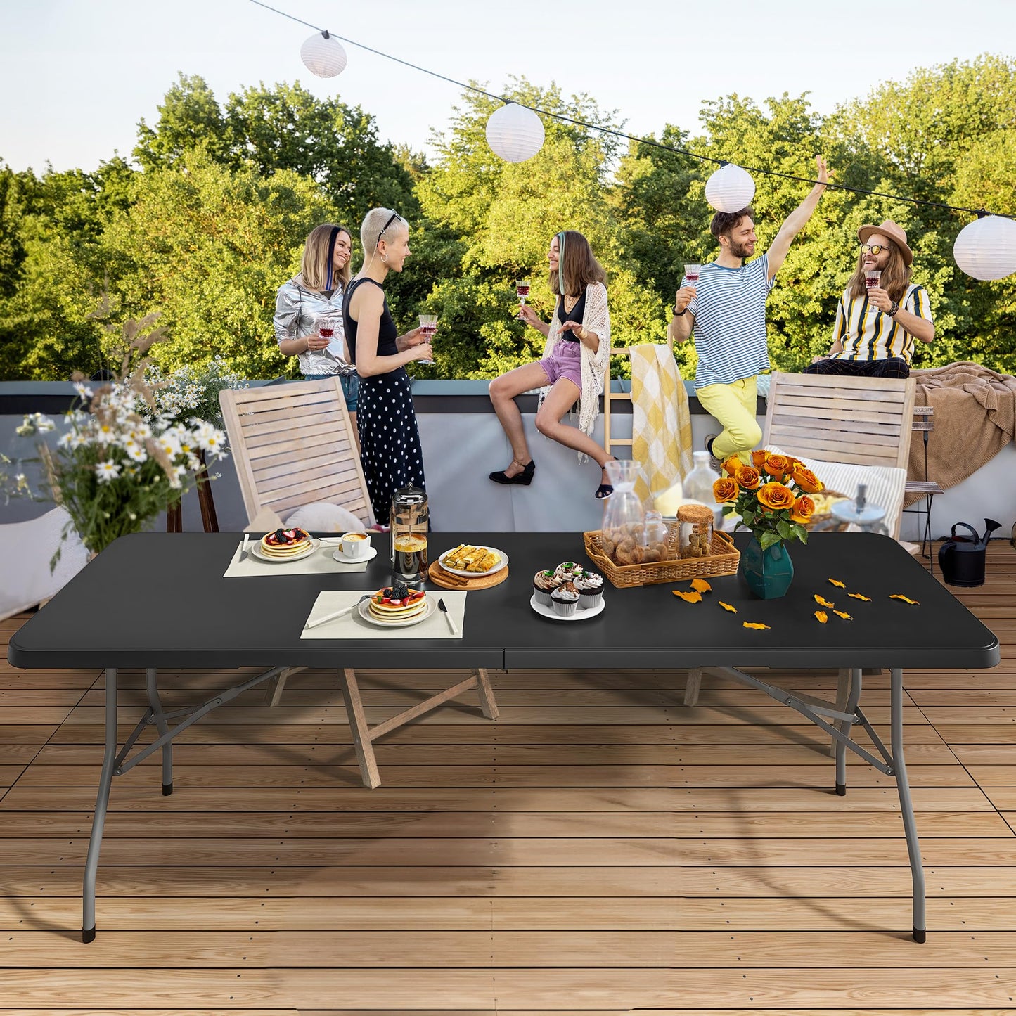 YITAHOME 6ft Outdoor Picnic Table with Wood-Like Tabletop, Sturdy Steel Frame and Umbrella Opening, Heavy Duty Picnic Table Ideal for Yard, Patio, Lawn Gatherings, Light Brown