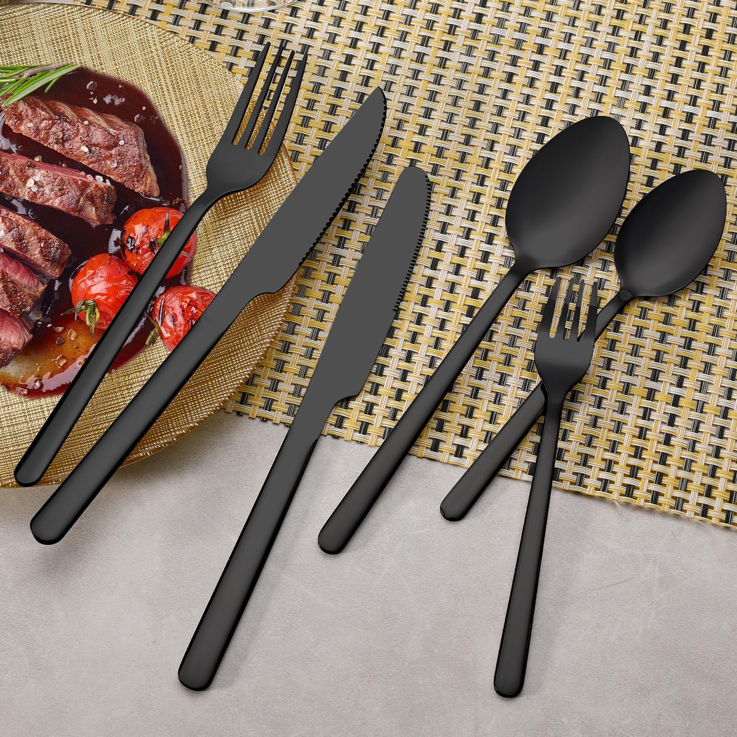 24 Pcs Gold Silverware Set with Steak Knives, Food-Grade Stainless Steel Flatware Cutlery Set for 4, Mirror Polished Tableware Eating Utensils Set for Kitchen, Knife Fork Spoon Set, Dishwasher Safe