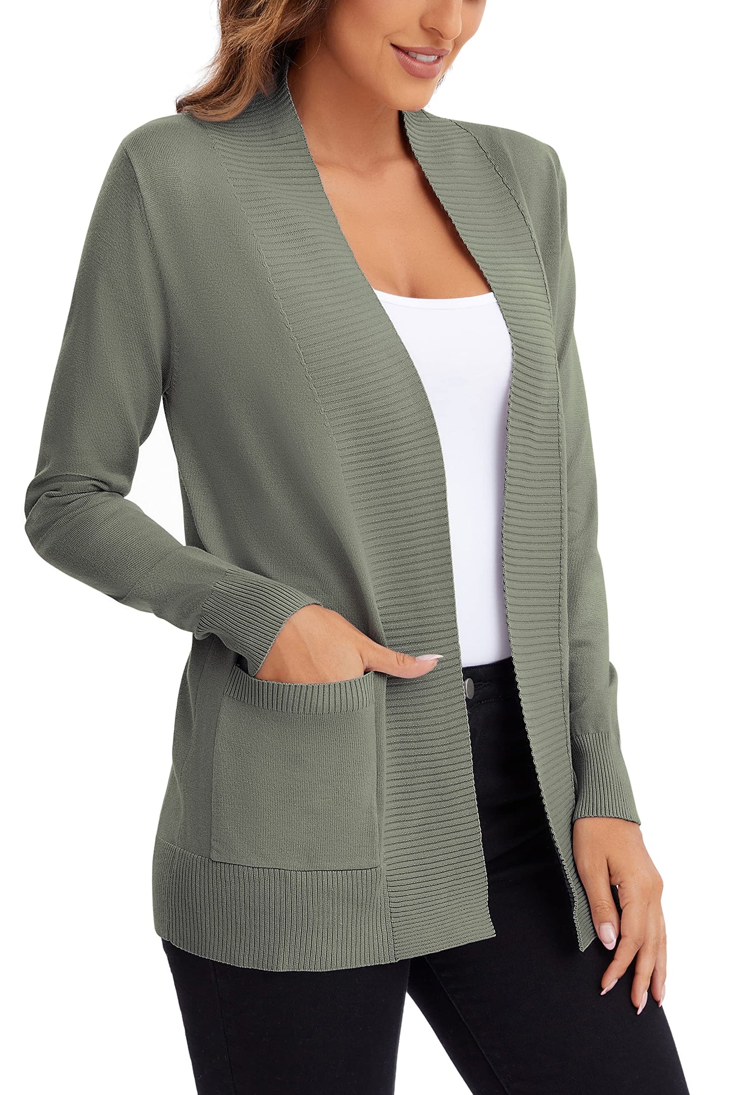 Urban CoCo Leichter Strickjacke für Damen mit offener Vorderseite, lange Ärmel, mit Tasche