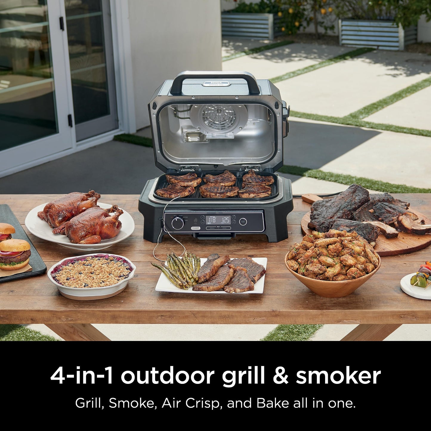 Ninja OG951 Woodfire Pro Connect Premium XL Outdoor Grill & Smoker, Bluetooth, App Enabled, 7-in-1 Master Grill, BBQ Smoker, Outdoor Air Fryer, Woodfire Technology, 2 Built-In Thermometers, Black
