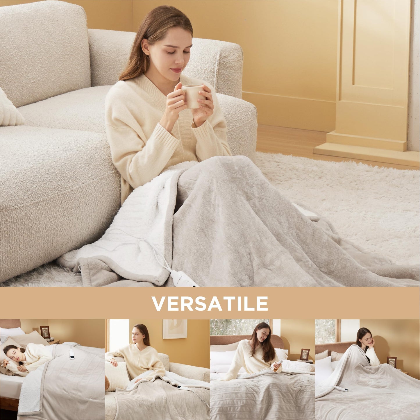 Electric Heated Blanket/Throw - Seamless Flannel Electric Blanket, Heating Blanket with 4 Time Settings & 6 Heat Settings, Warm Blanket Gift for Grandma (50x60 inches, Black)