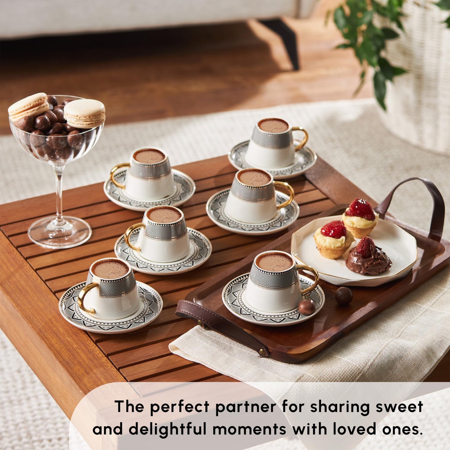 KARACA Globe Turkish Coffee Cup Set of 6, 80ml, 2.7 oz, Small Espresso Cups with Saucers, Porcelain, Black Patterns and Gold Handles, Ideal for Serving Coffee, Espresso, and Cappuccino