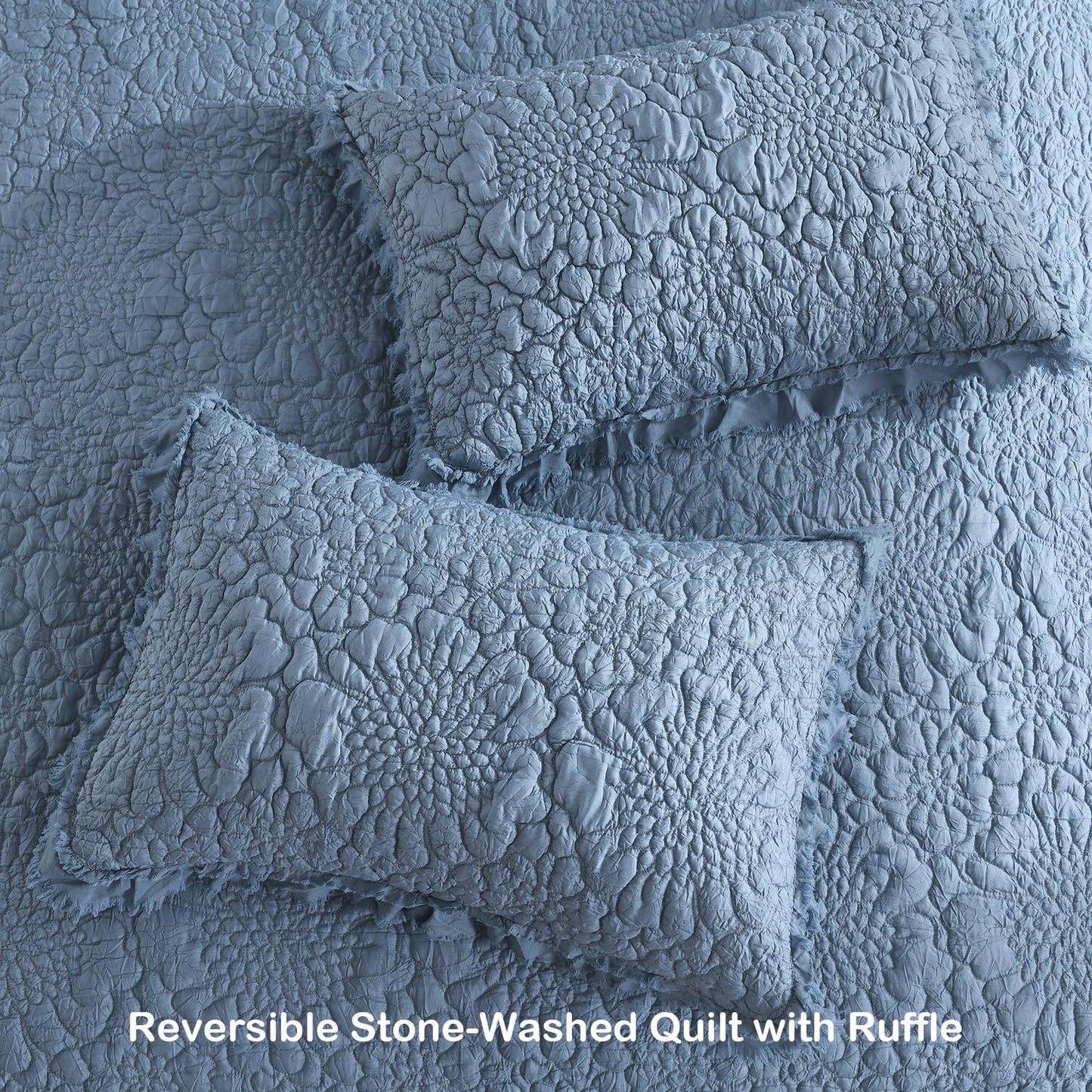 HORIMOTE HOME White Ruffled Quilt King Size, Stone-Washed Microfiber Lightweight Crinkled Farmhouse Rustic Shabby Chic Bedding Set, 3 Pieces Reversible Bedspread with Pillow Shams for All Season