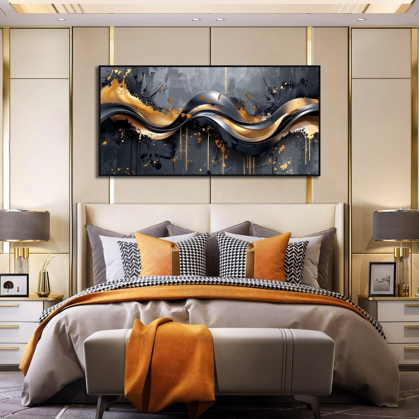 Gold Wall Art White Wall Pictures Beautiful Flower Wall Decorations for Living Room Black Artwork 24"x48" Art for Home Office
