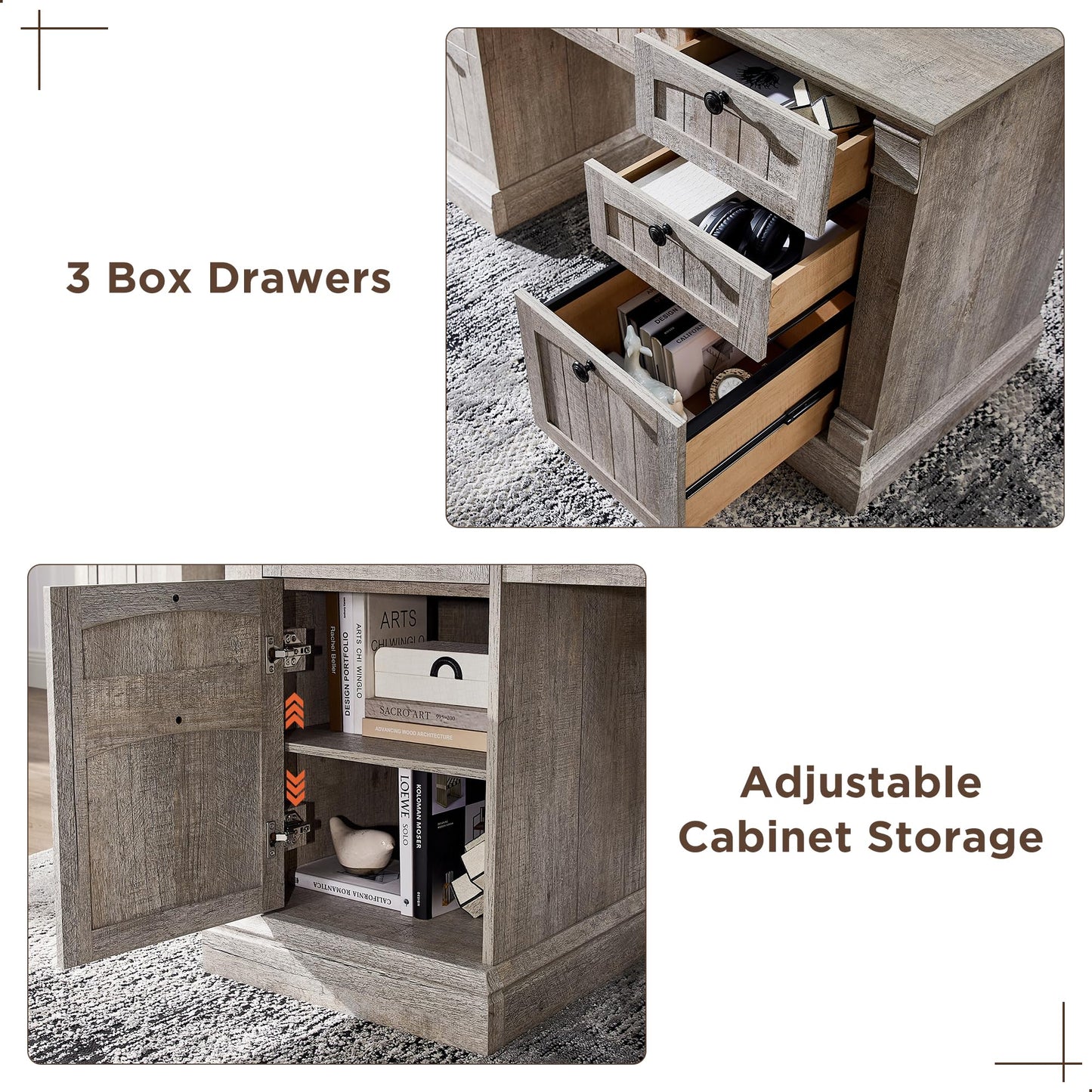 OKD 60-Zoll-Chefschreibtisch mit Schubladen, Home-Office-Schreibtisch im Landhausstil mit Ladestation, Tastaturablage, Aktenschrank-Aufbewahrung, Holz-Computertisch für Arbeit und Studium, Antikweiß