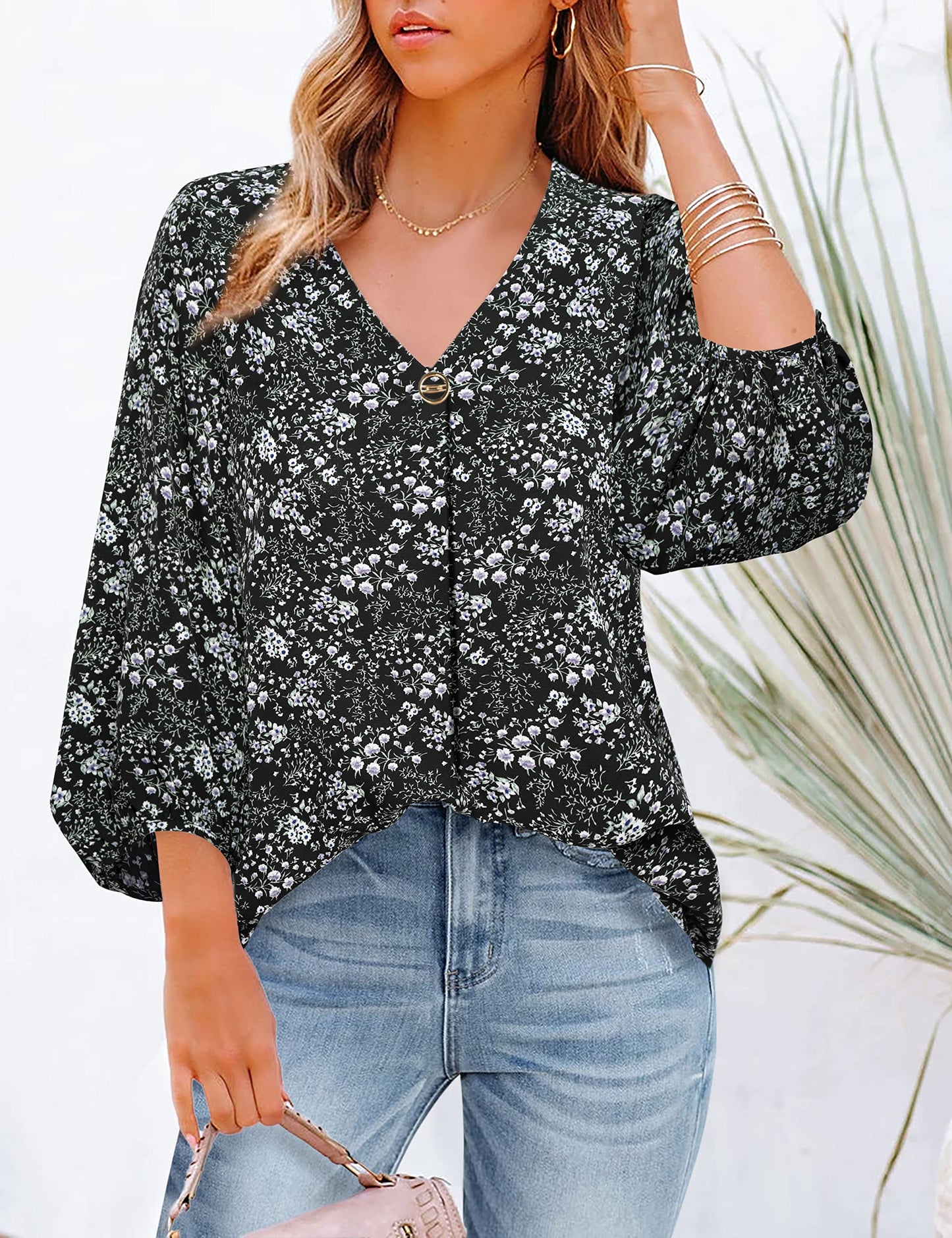Bebonnie Damen Chiffonbluse mit Laternenmuster, 3/4-Ärmel, lässig, locker, V-Ausschnitt