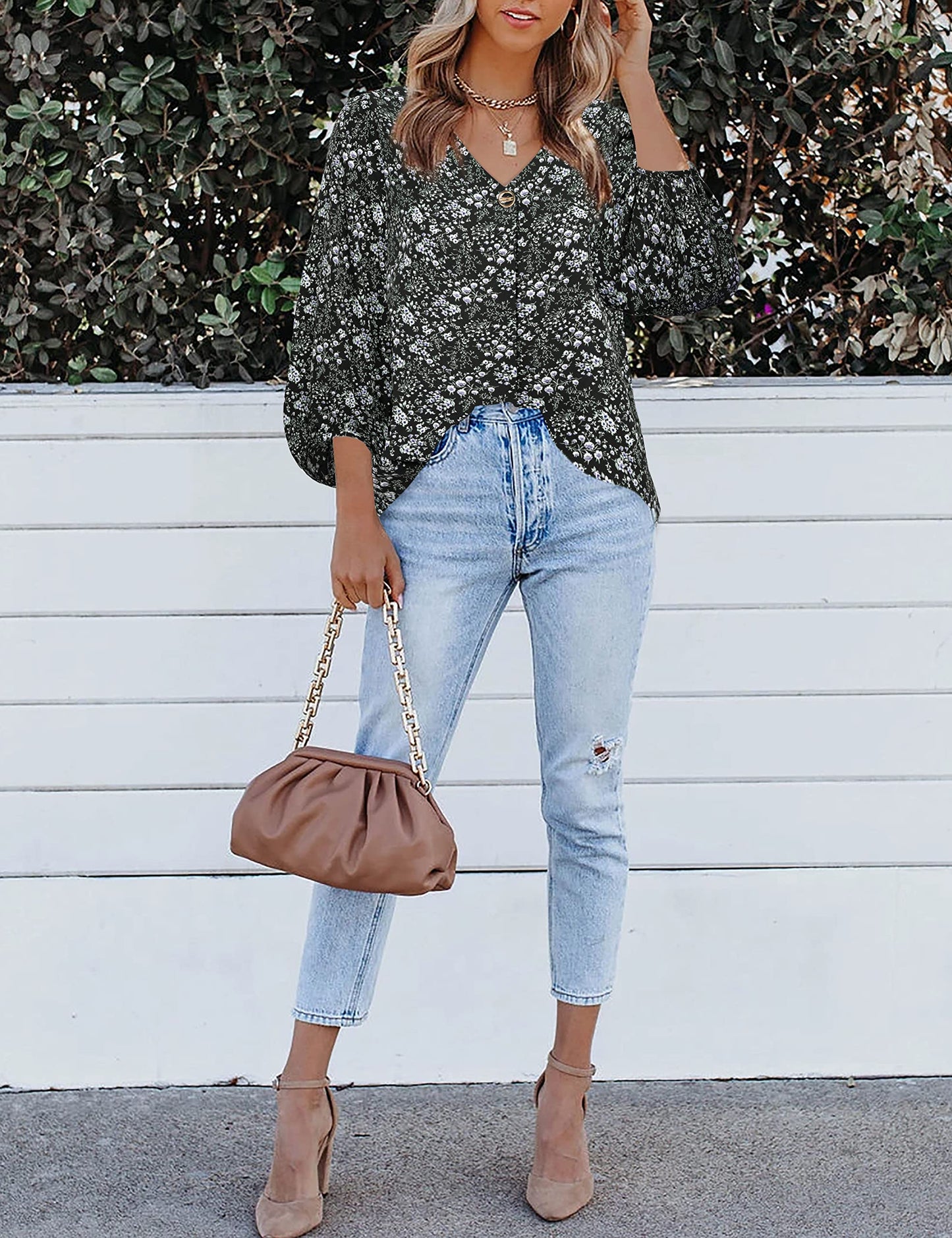 Bebonnie Damen Chiffonbluse mit Laternenmuster, 3/4-Ärmel, lässig, locker, V-Ausschnitt