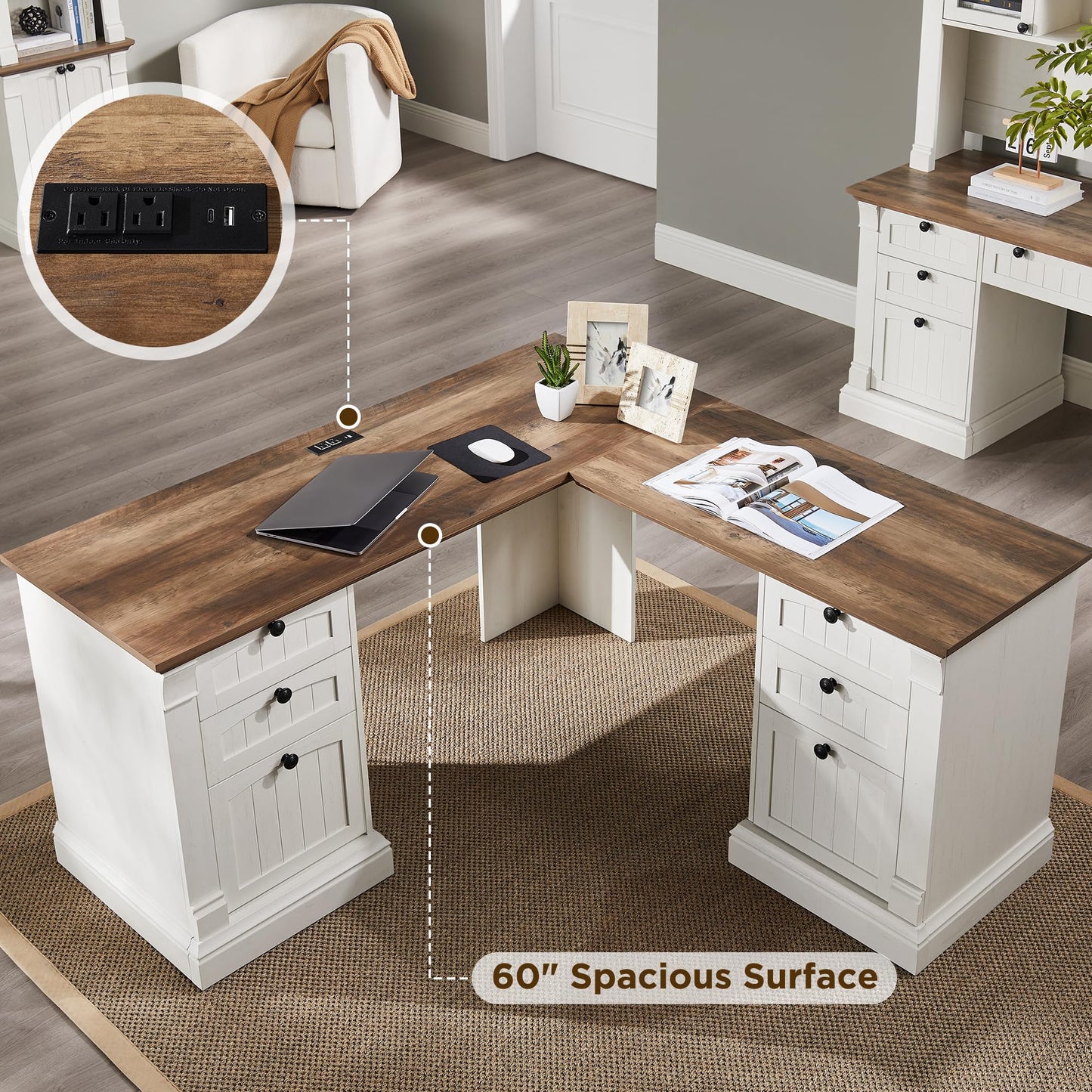 OKD 60-Zoll-Chefschreibtisch mit Schubladen, Home-Office-Schreibtisch im Landhausstil mit Ladestation, Tastaturablage, Aktenschrank-Aufbewahrung, Holz-Computertisch für Arbeit und Studium, Antikweiß