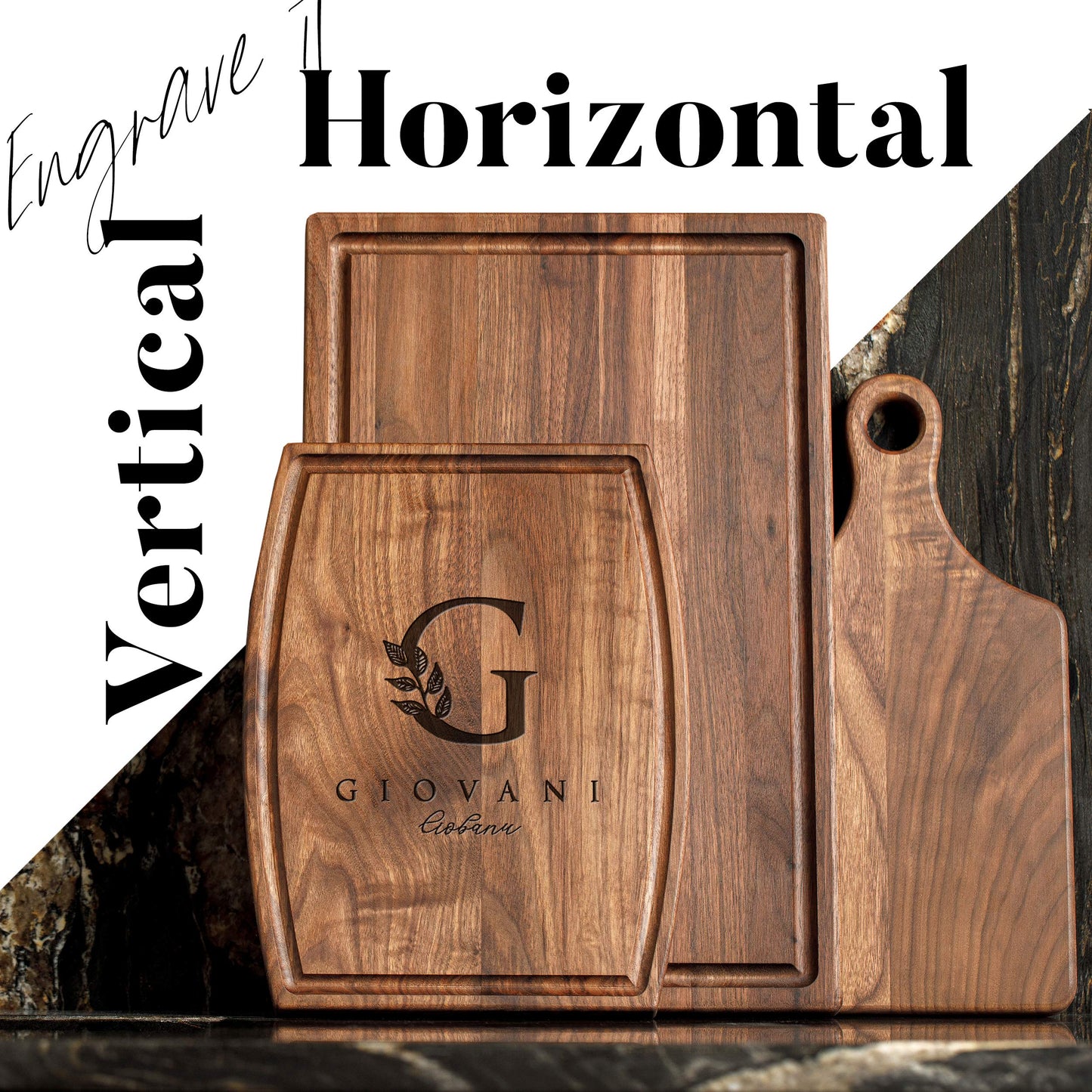 Personalisiertes Walnuss-Schneidebrett mit Untersetzern, Mineralöl und Geschenkverpackung erhältlich – Gestalten Sie Ihr eigenes Schneidebrett, hergestellt in den USA (Design 22, 3. Walnuss 17"x11")