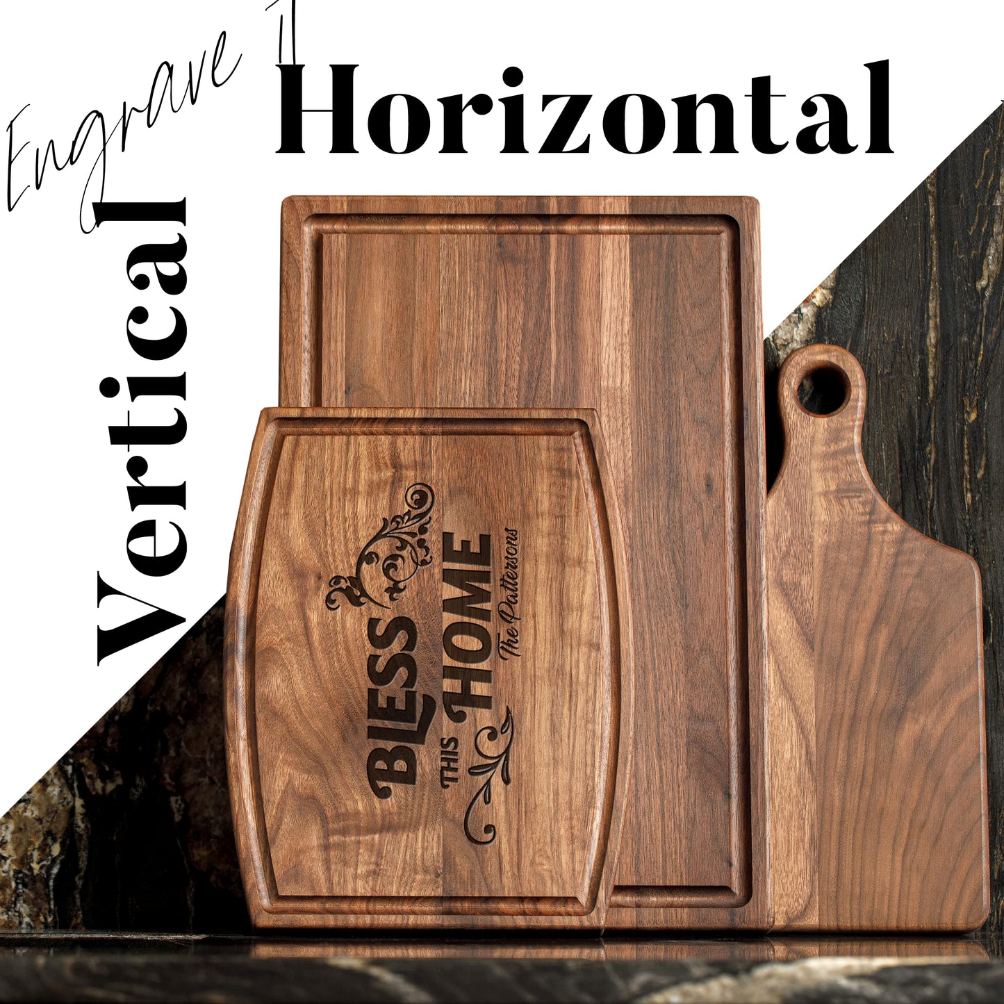 Personalisiertes Walnuss-Schneidebrett mit Untersetzern, Mineralöl und Geschenkverpackung erhältlich – Gestalten Sie Ihr eigenes Schneidebrett, hergestellt in den USA (Design 22, 3. Walnuss 17"x11")