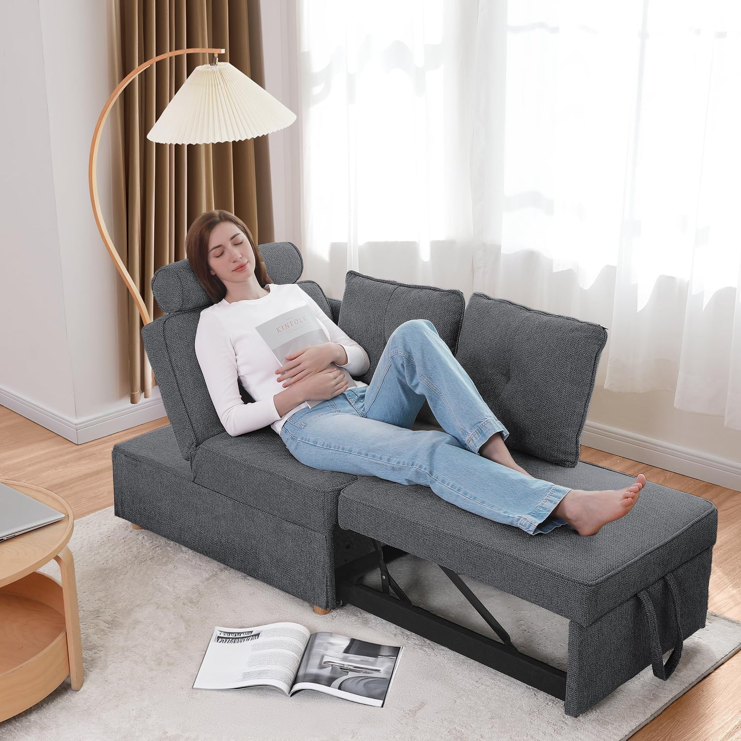 Schlafsofa, 4-in-1-Couch, umwandelbares Sofa, Zweisitzer-Couch aus Leinenstoff mit 2 Dekokissen, Einzel-Relaxsessel für kleine Räume mit 5-fach verstellbarer Rückenlehne
