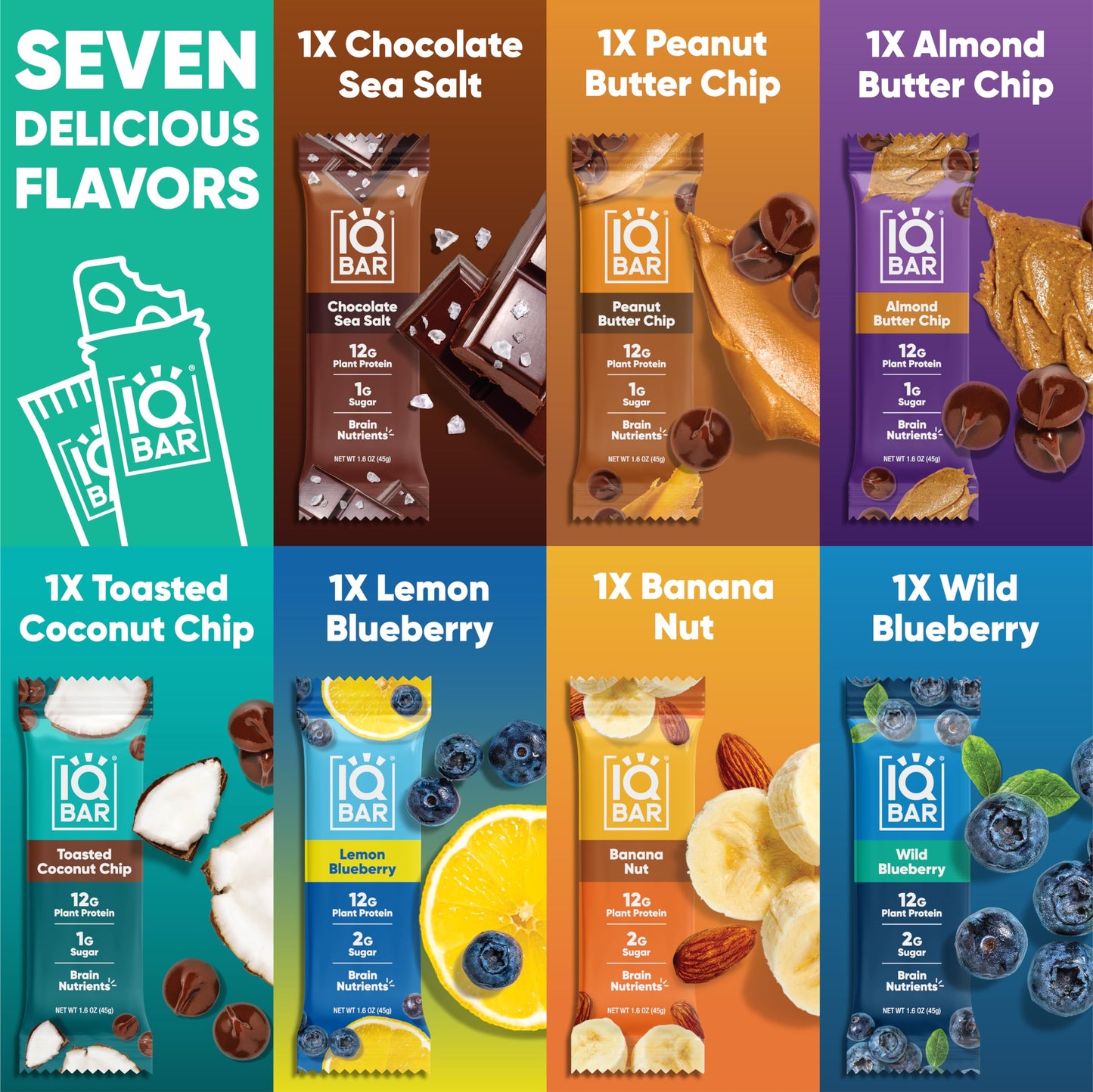 IQBAR Brain and Body Plant Protein Bars - 7 Bar Sampler Pack - Gluten Free, High Fiber, Vegan Snacks - Low Sugar Meal Replacement