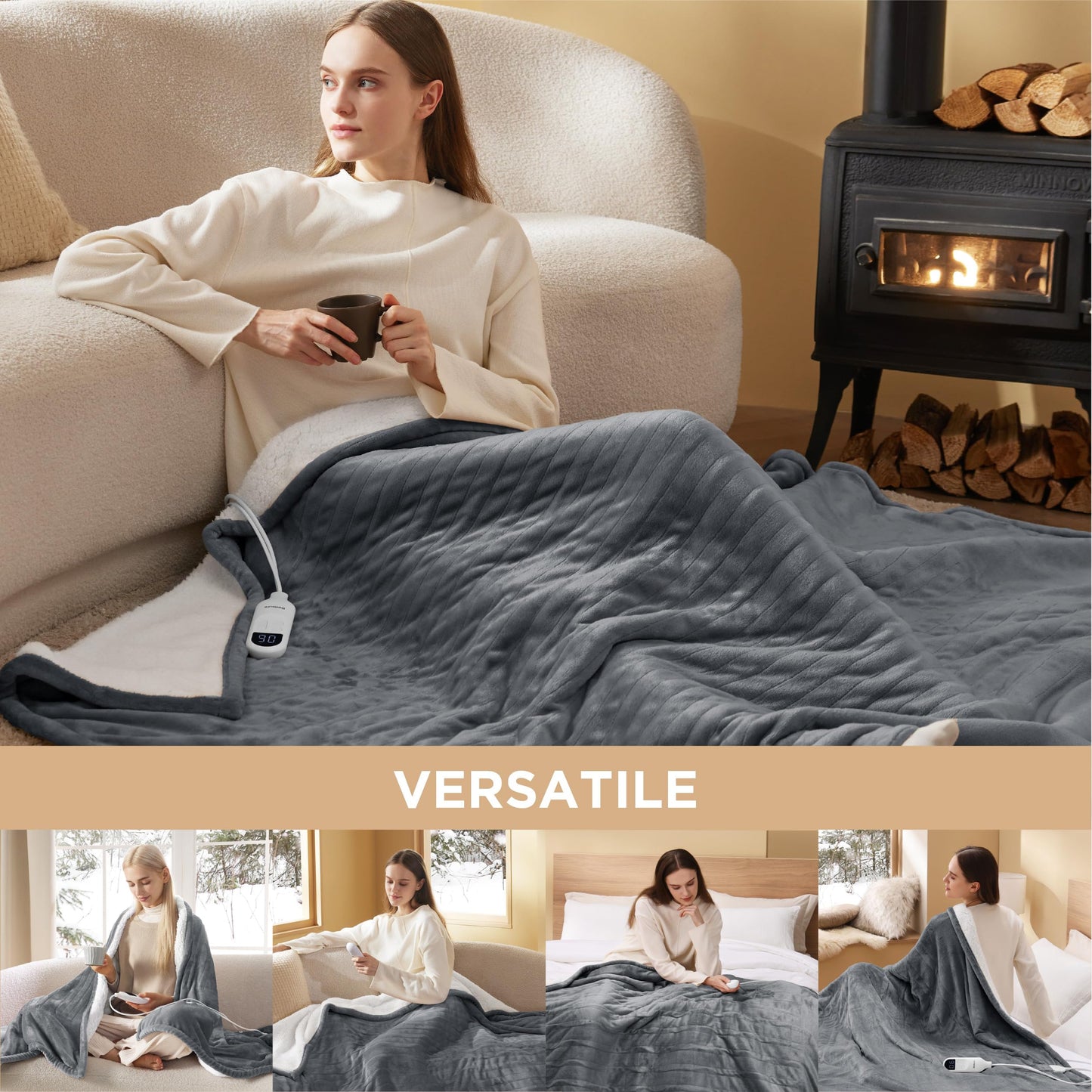 Electric Heated Blanket/Throw - Seamless Flannel Electric Blanket, Heating Blanket with 4 Time Settings & 6 Heat Settings, Warm Blanket Gift for Grandma (50x60 inches, Black)