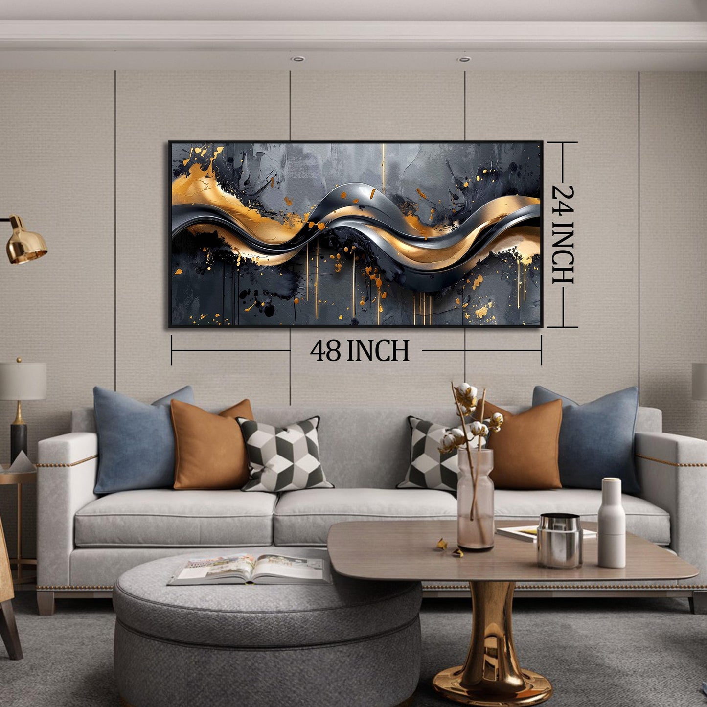 Gold Wall Art White Wall Pictures Beautiful Flower Wall Decorations for Living Room Black Artwork 24"x48" Art for Home Office