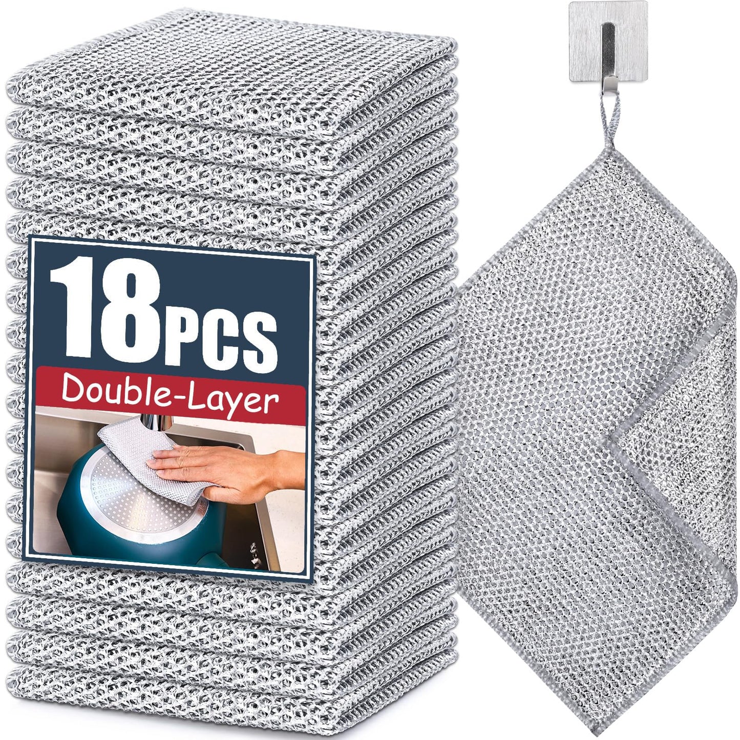 Navona 18 Pcs New Upgrade Steel Wire Dishcloth,Double-Layer Steel Wire Cleaning Cloth,Powerful Cleaning Non-Scratch Wire Dishcloth Rag for Cookware, Sinks, Dishes, Stove Tops, Small