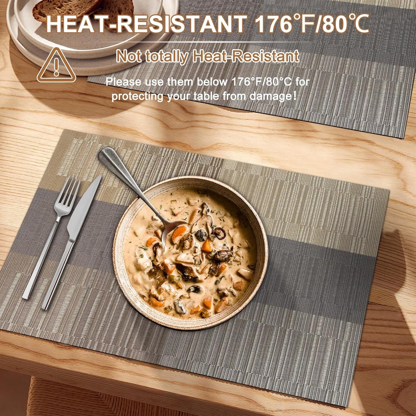 Tischsets 6er-Set, gewebtes Vinyl-Tischset für Esstisch, waschbar, abwischbar, Küchentischsets, strapazierfähige Tischsets für drinnen und draußen, 01 Beige, 6 Stück
