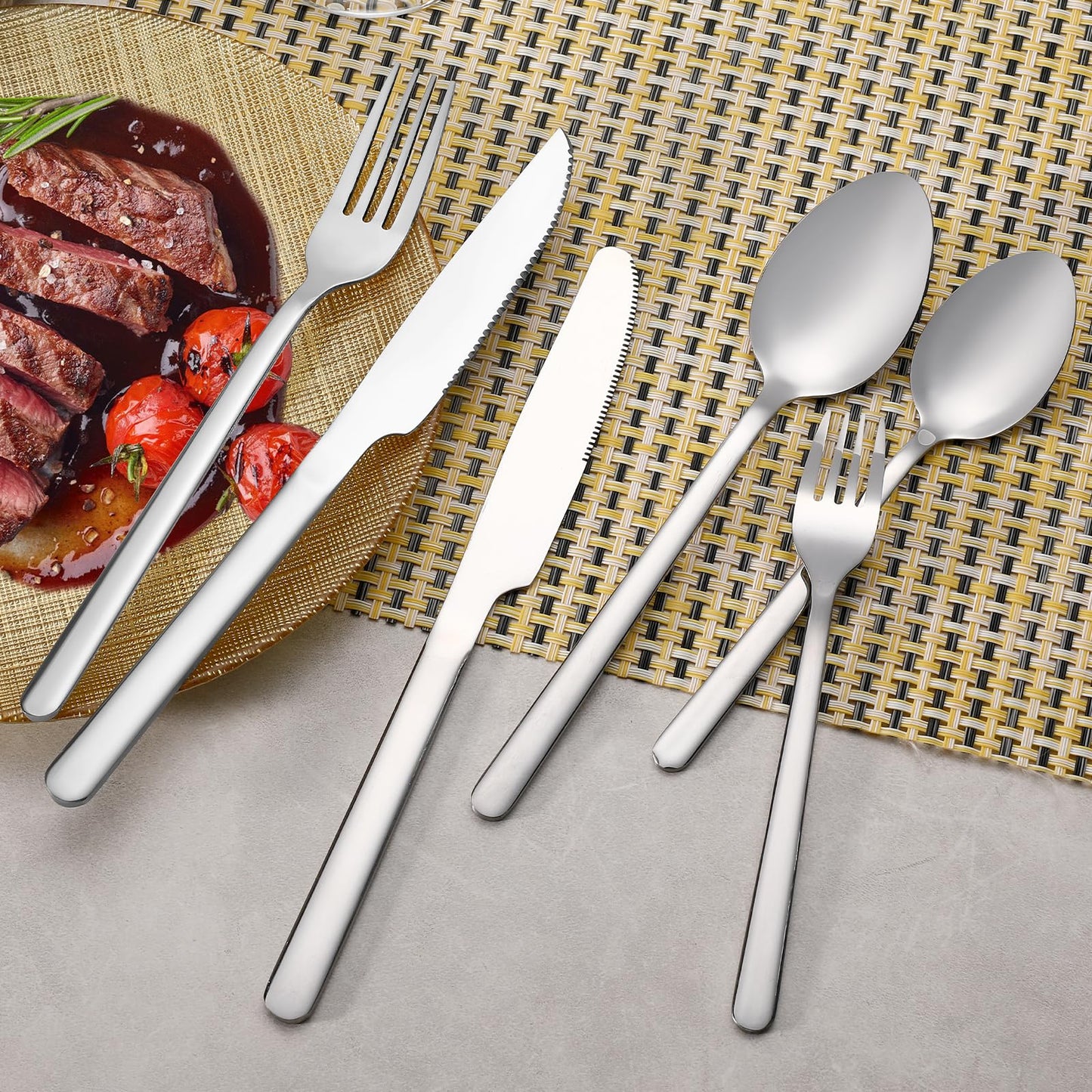 24 Pcs Gold Silverware Set with Steak Knives, Food-Grade Stainless Steel Flatware Cutlery Set for 4, Mirror Polished Tableware Eating Utensils Set for Kitchen, Knife Fork Spoon Set, Dishwasher Safe