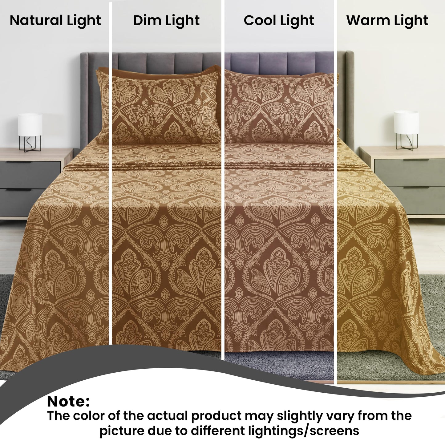 LUX Decor Paisley King-Bettlaken-Set, 6-teilig, weiche, knitterfreie Mikrofaser-Bettlaken – luxuriös bedruckte Bettlaken, inklusive Bettlaken, Spannbettlaken mit tiefen Taschen und 4 Kissenbezügen – Taupe