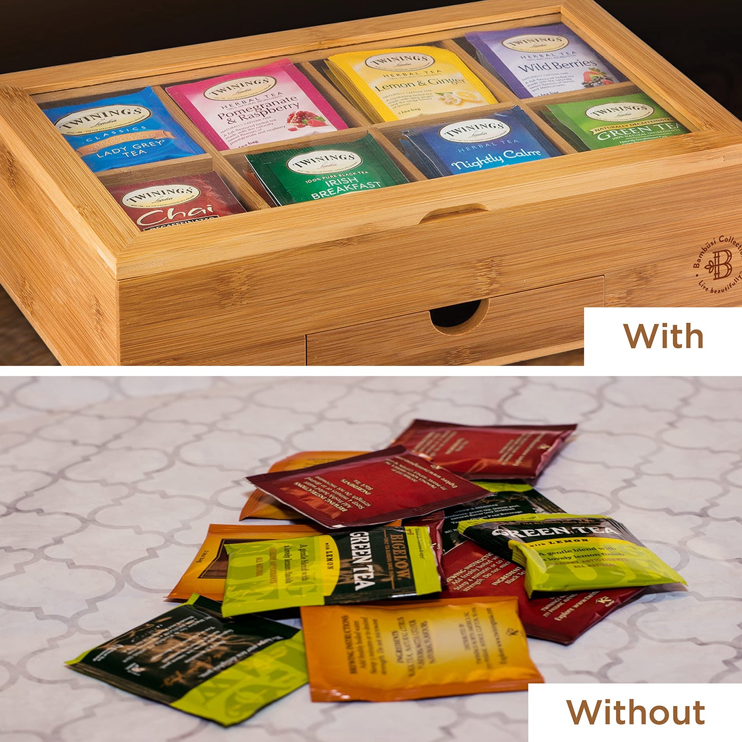 Bamboo Tea Bag Organizer Storage Box with Drawer & Acrylic Window - Magnetic Lid Keeps Contents Fresh - Ideal Mothers Day Gifts for Mom - Gift Caddy (Tea Not Included)