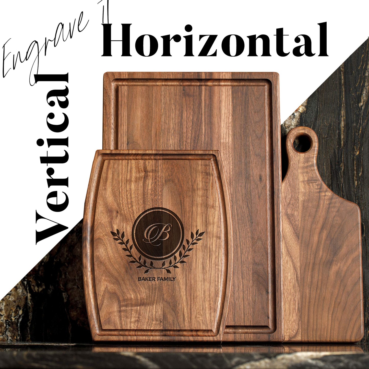 Personalisiertes Walnuss-Schneidebrett mit Untersetzern, Mineralöl und Geschenkverpackung erhältlich – Gestalten Sie Ihr eigenes Schneidebrett, hergestellt in den USA (Design 22, 3. Walnuss 17"x11")
