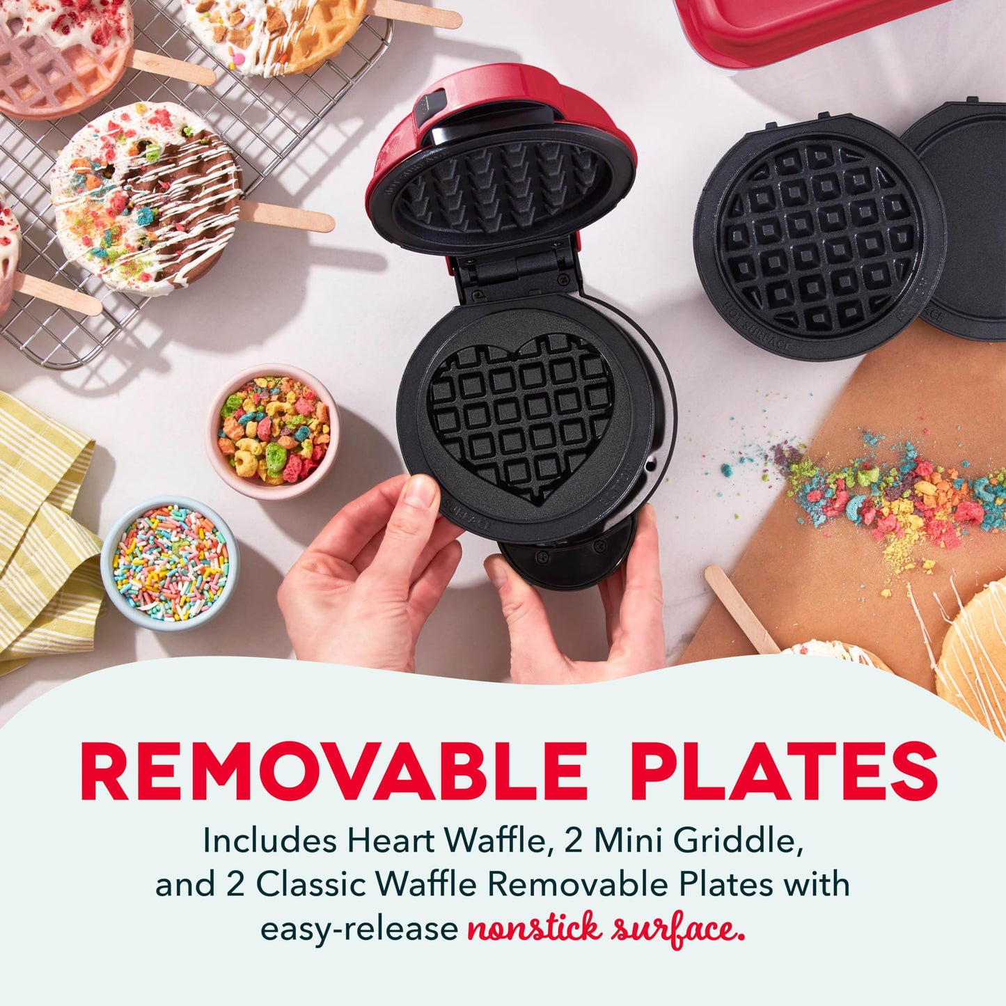 DASH Holiday Multimaker Mini System - Waffle Maker with Six 4” Removable Holiday Plates: Waffle Iron & Griddle, 4-in-1 Mini Waffle Maker for Kids and Families – Nonstick Surface, Santa Waffle (Red)