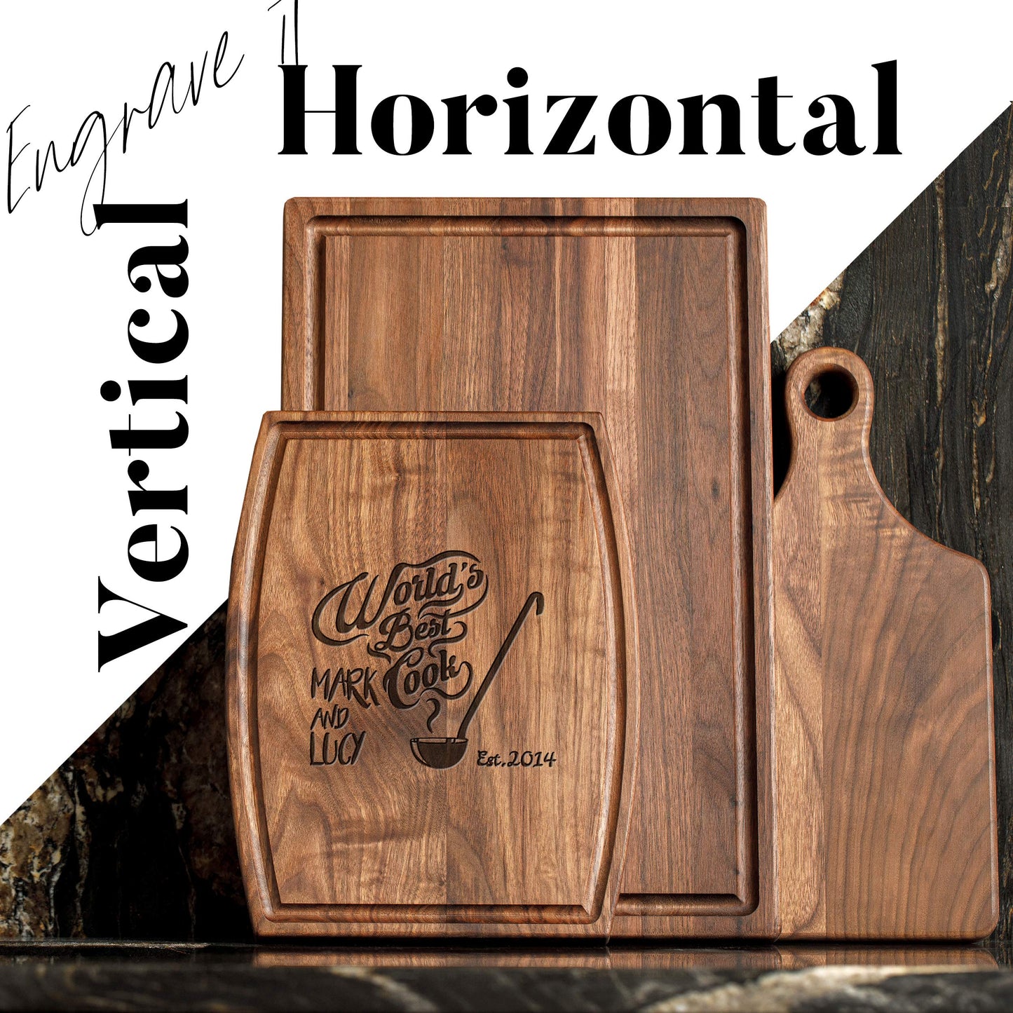 Personalisiertes Walnuss-Schneidebrett mit Untersetzern, Mineralöl und Geschenkverpackung erhältlich – Gestalten Sie Ihr eigenes Schneidebrett, hergestellt in den USA (Design 22, 3. Walnuss 17"x11")