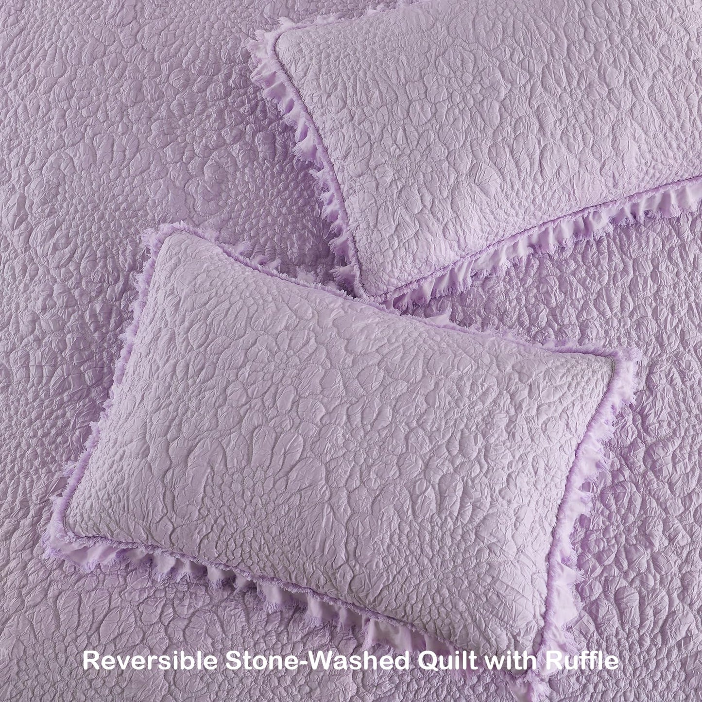 HORIMOTE HOME White Ruffled Quilt King Size, Stone-Washed Microfiber Lightweight Crinkled Farmhouse Rustic Shabby Chic Bedding Set, 3 Pieces Reversible Bedspread with Pillow Shams for All Season