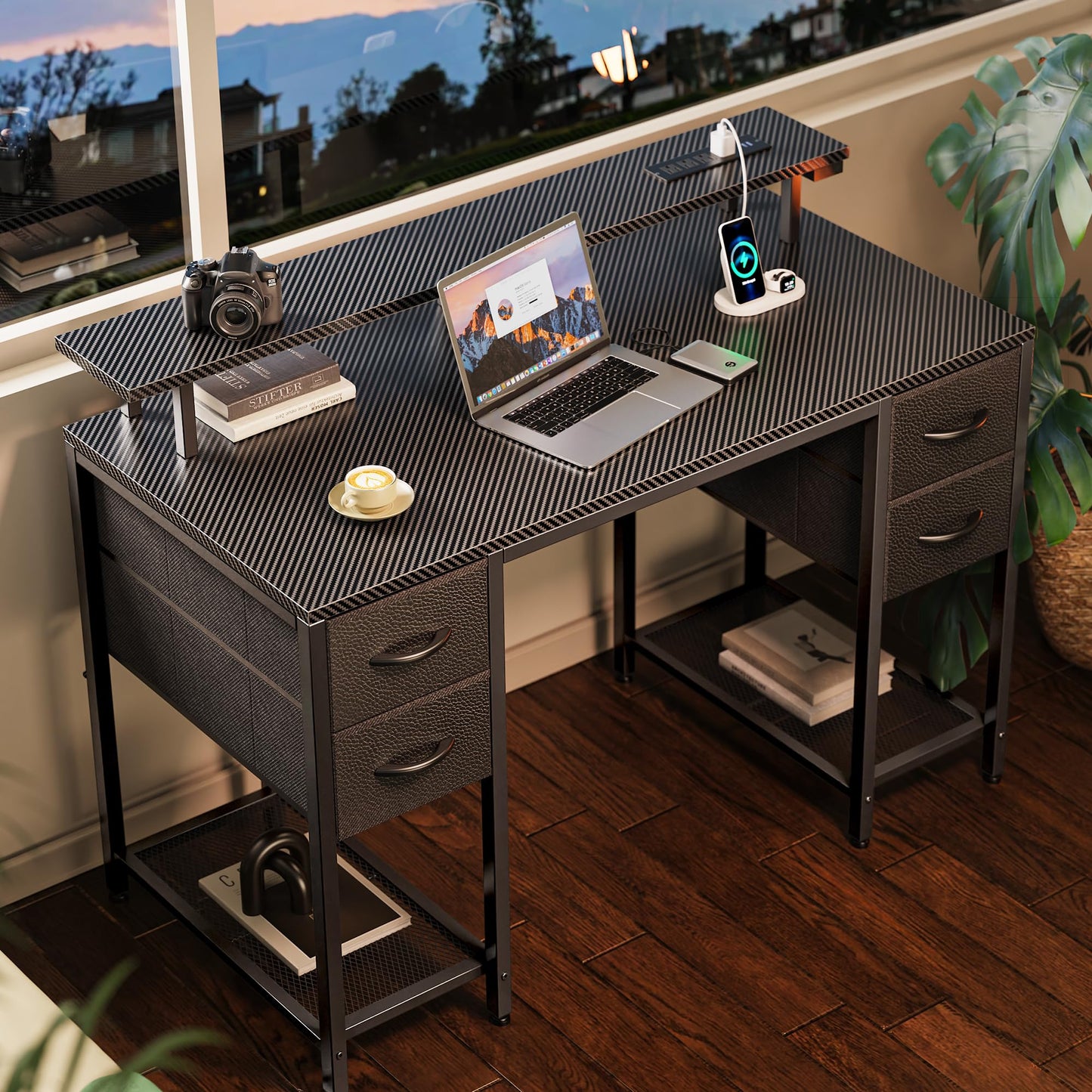 Huuger 47 inch Computer Desk with 4 Drawers, Gaming Desk with LED Lights & Power Outlets, Home Office Desk with Large Storage Space for Bedroom, Work from Home, Black