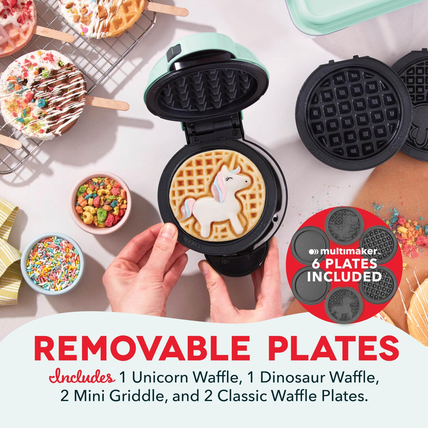 DASH Holiday Multimaker Mini System - Waffle Maker with Six 4” Removable Holiday Plates: Waffle Iron & Griddle, 4-in-1 Mini Waffle Maker for Kids and Families – Nonstick Surface, Santa Waffle (Red)