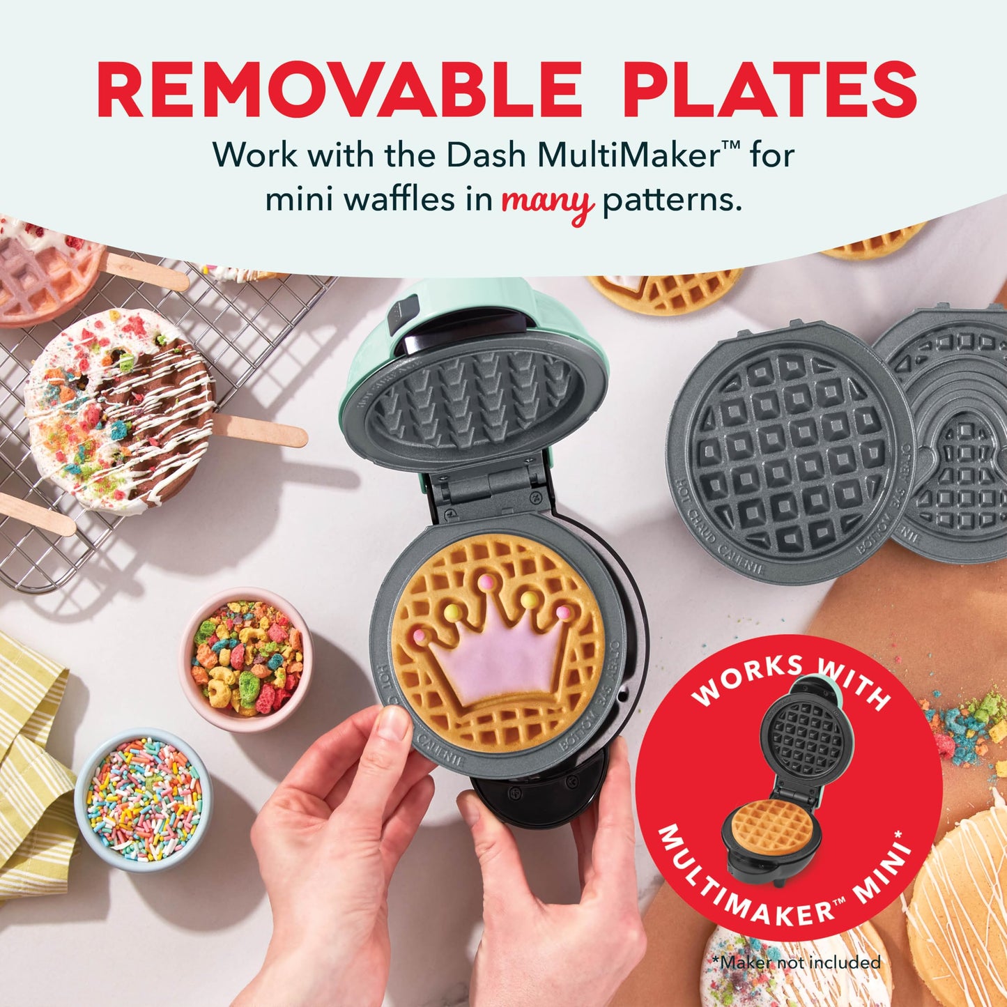 DASH Multimaker Mini System Two 4” Nonstick Removable Waffle Plates (Gingerbread & Snowflake) - 2Pc Plate Pack for Waffle Iron & Griddle, Compatible with Dash MultiMaker Mini System, Nonstick Surface