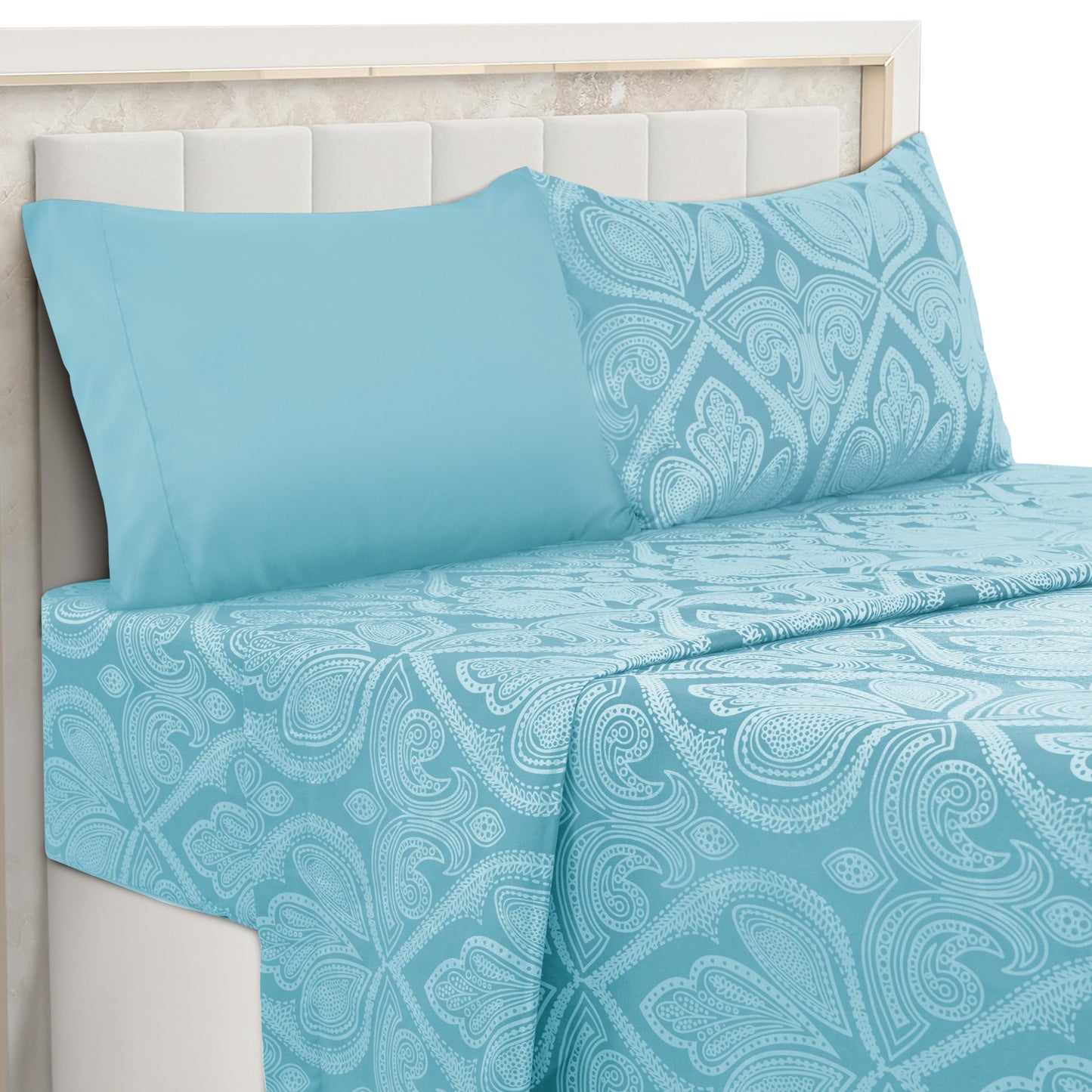 LUX Decor Paisley King-Bettlaken-Set, 6-teilig, weiche, knitterfreie Mikrofaser-Bettlaken – luxuriös bedruckte Bettlaken, inklusive Bettlaken, Spannbettlaken mit tiefen Taschen und 4 Kissenbezügen – Taupe
