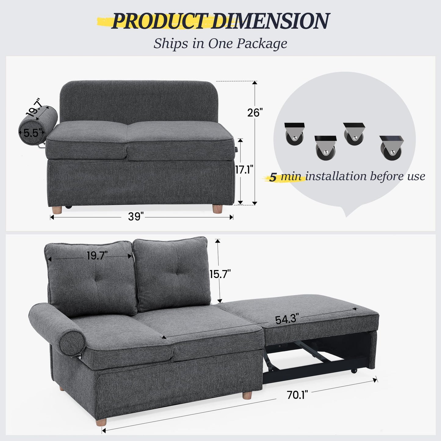 Schlafsofa, 4-in-1-Couch, umwandelbares Sofa, Zweisitzer-Couch aus Leinenstoff mit 2 Dekokissen, Einzel-Relaxsessel für kleine Räume mit 5-fach verstellbarer Rückenlehne