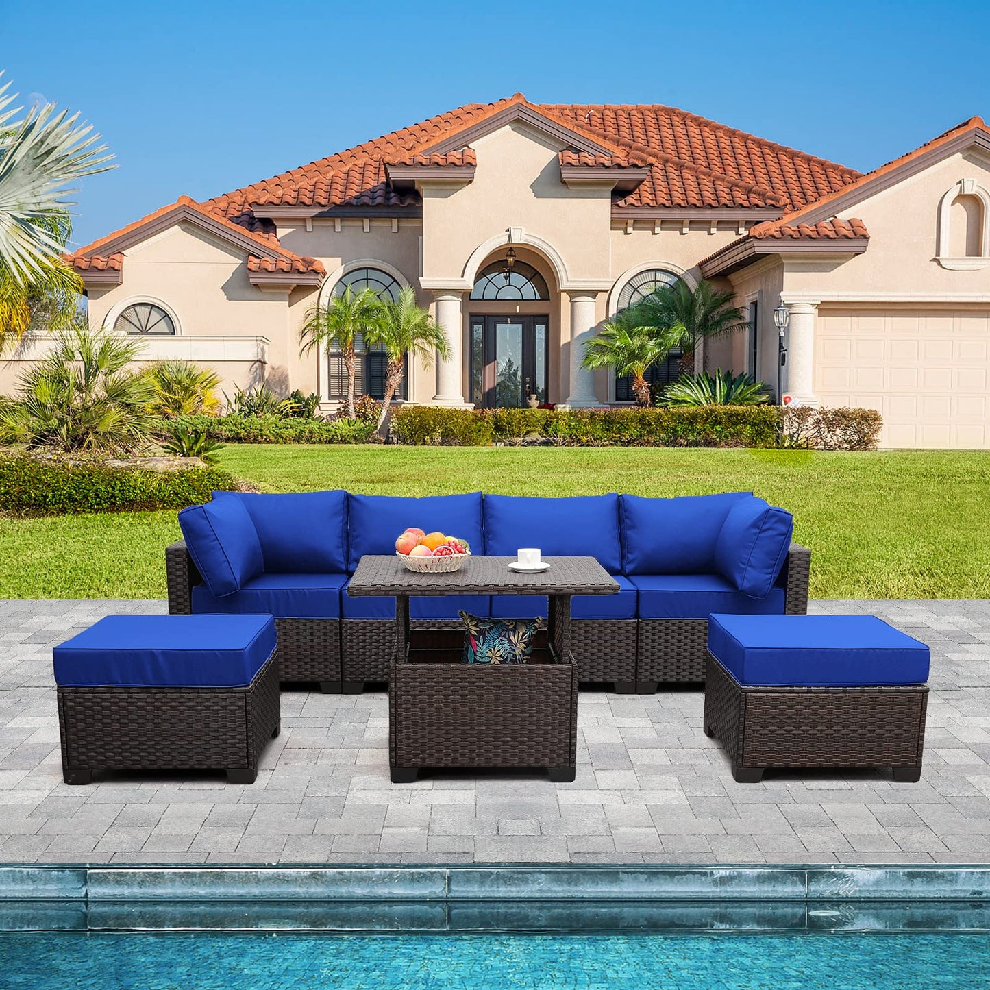 Outdoor Patio Dark Brown Rattan 7 Piece Sectional Set PE Wicker Conversation Sofa with Liftable Storage Table Non-Slip 5" Thick Royal Blue Cushion and Furniture Cover