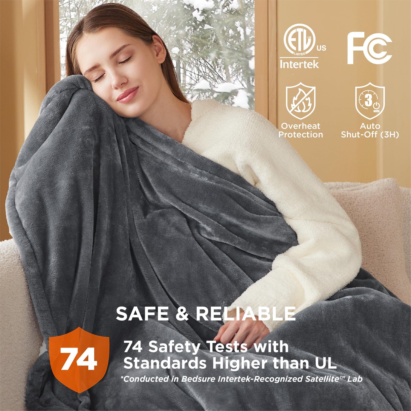 Electric Heated Blanket/Throw - Seamless Flannel Electric Blanket, Heating Blanket with 4 Time Settings & 6 Heat Settings, Warm Blanket Gift for Grandma (50x60 inches, Black)