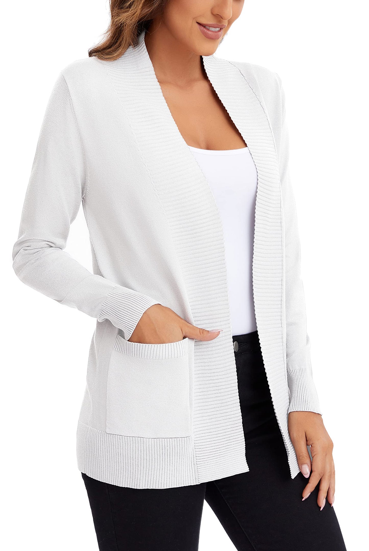 Urban CoCo Leichter Strickjacke für Damen mit offener Vorderseite, lange Ärmel, mit Tasche