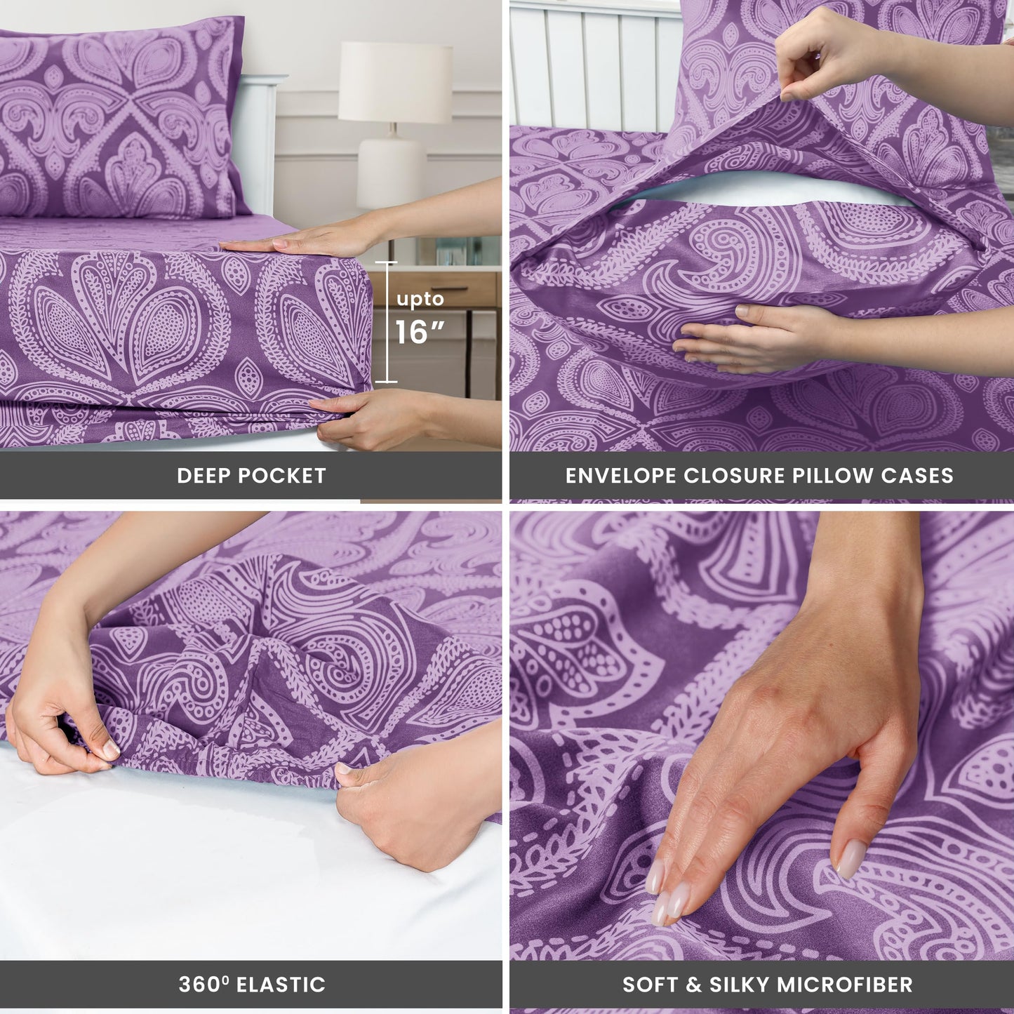LUX Decor Paisley King-Bettlaken-Set, 6-teilig, weiche, knitterfreie Mikrofaser-Bettlaken – luxuriös bedruckte Bettlaken, inklusive Bettlaken, Spannbettlaken mit tiefen Taschen und 4 Kissenbezügen – Taupe