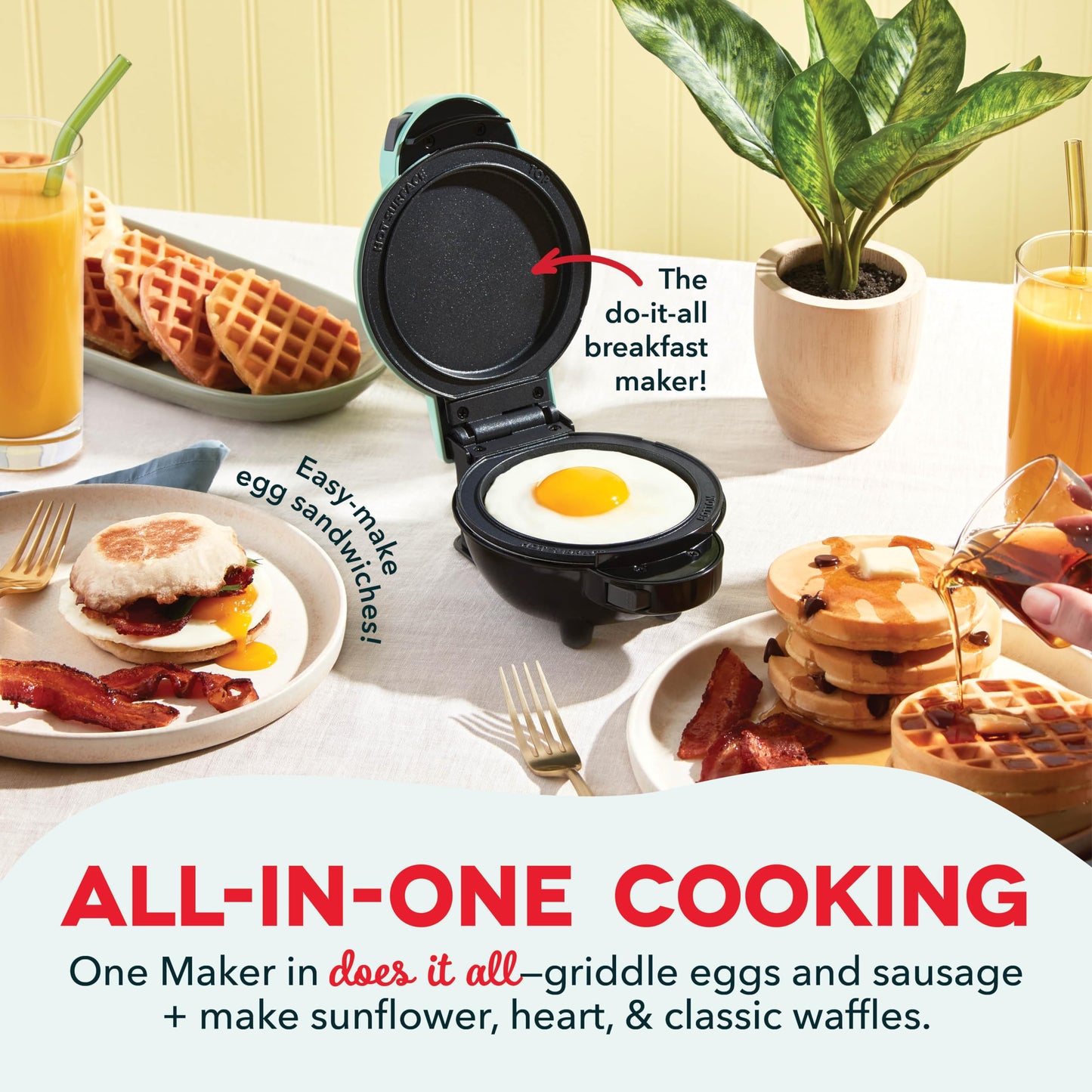 DASH Holiday Multimaker Mini System - Waffle Maker with Six 4” Removable Holiday Plates: Waffle Iron & Griddle, 4-in-1 Mini Waffle Maker for Kids and Families – Nonstick Surface, Santa Waffle (Red)
