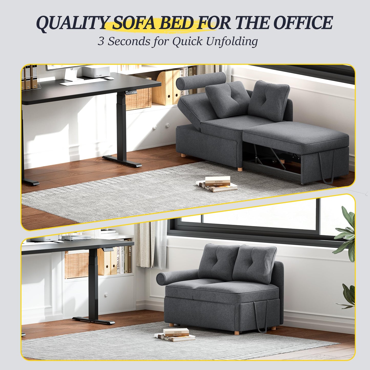 Schlafsofa, 4-in-1-Couch, umwandelbares Sofa, Zweisitzer-Couch aus Leinenstoff mit 2 Dekokissen, Einzel-Relaxsessel für kleine Räume mit 5-fach verstellbarer Rückenlehne
