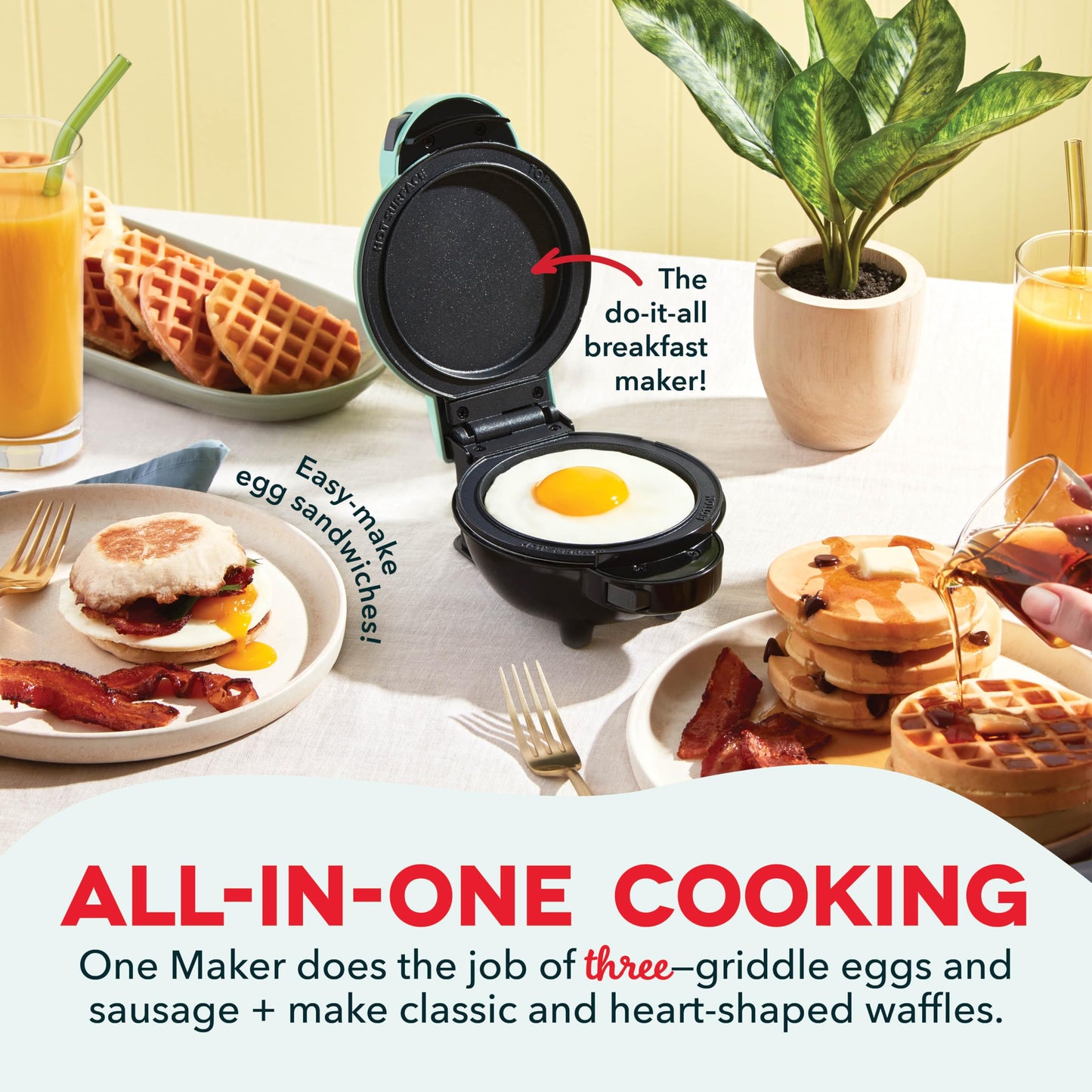 DASH Holiday Multimaker Mini System - Waffle Maker with Six 4” Removable Holiday Plates: Waffle Iron & Griddle, 4-in-1 Mini Waffle Maker for Kids and Families – Nonstick Surface, Santa Waffle (Red)