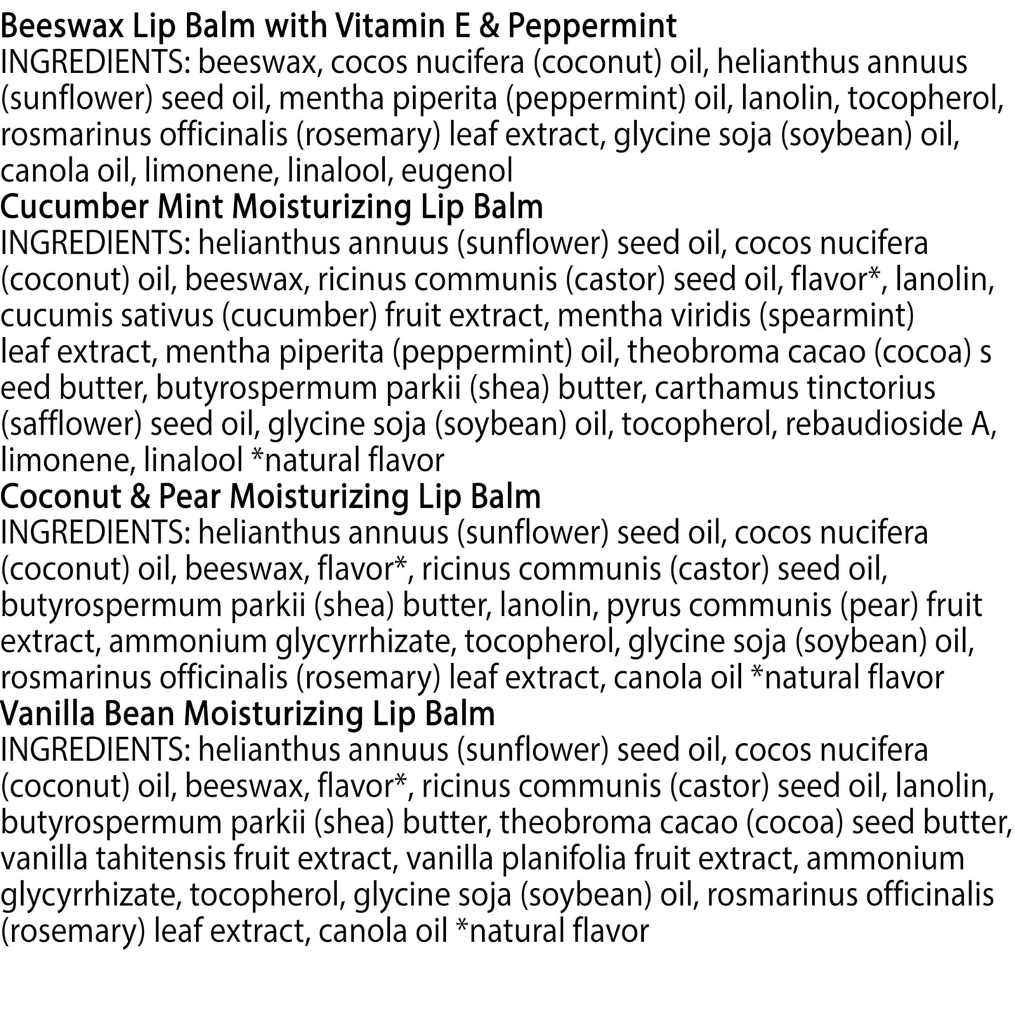 Lip Balm - Beeswax, Strawberry, Coconut and Pear, and Vanilla Bean, With Responsibly Sourced Beeswax, Tint-Free, Natural Origin Lip Treatment, 4 Tubes, 0.15 oz.